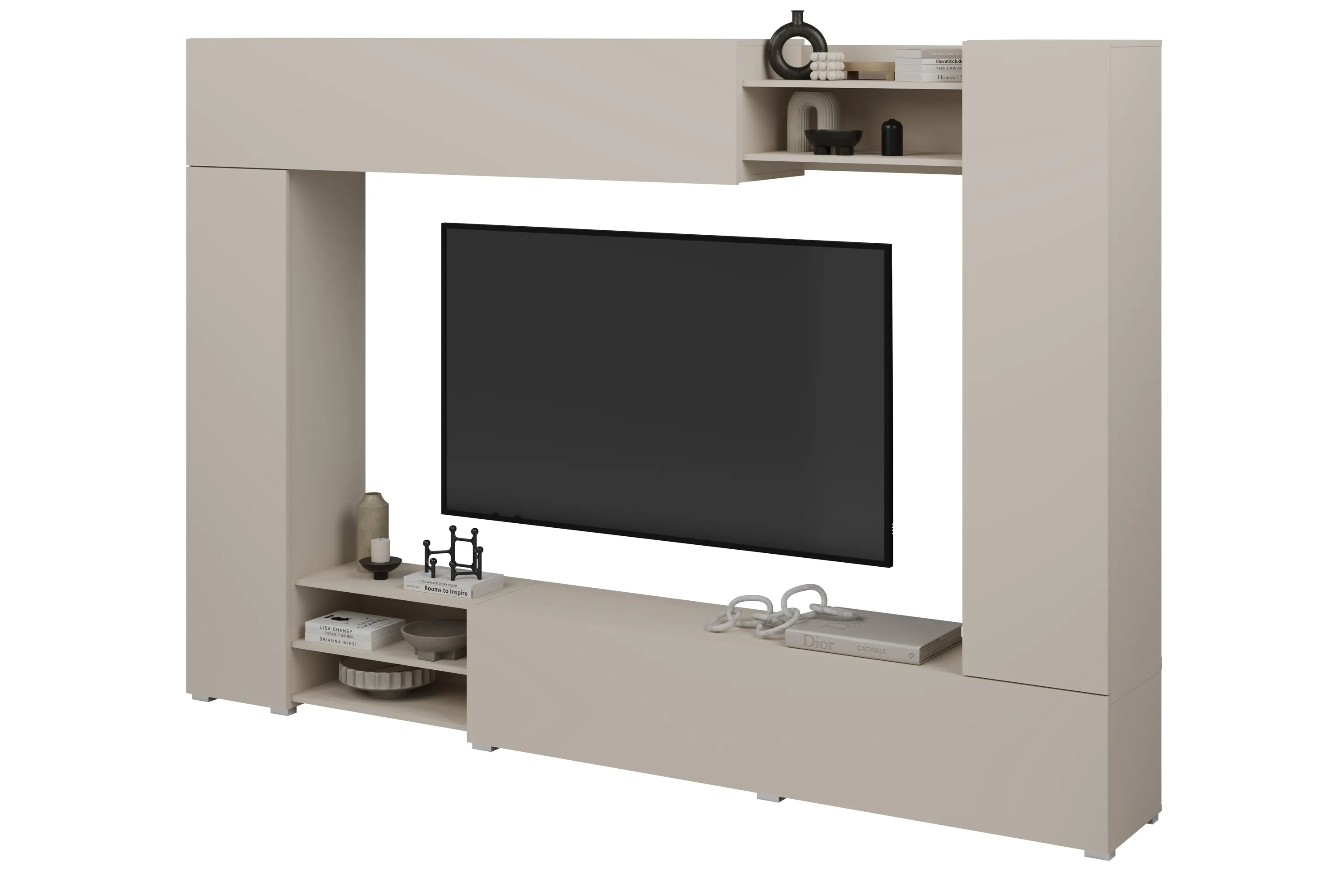 image regał, telewizor, szafka pod RTV, półki, kolor beżowy