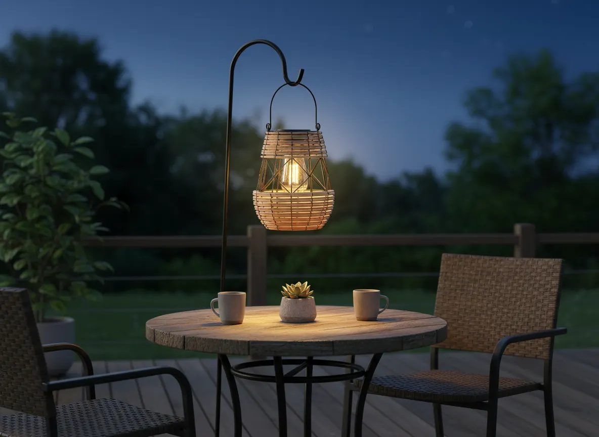image lampa wisząca, lampka ogrodowa, drewniana lampa, pojemność lampy?, światło randkowe