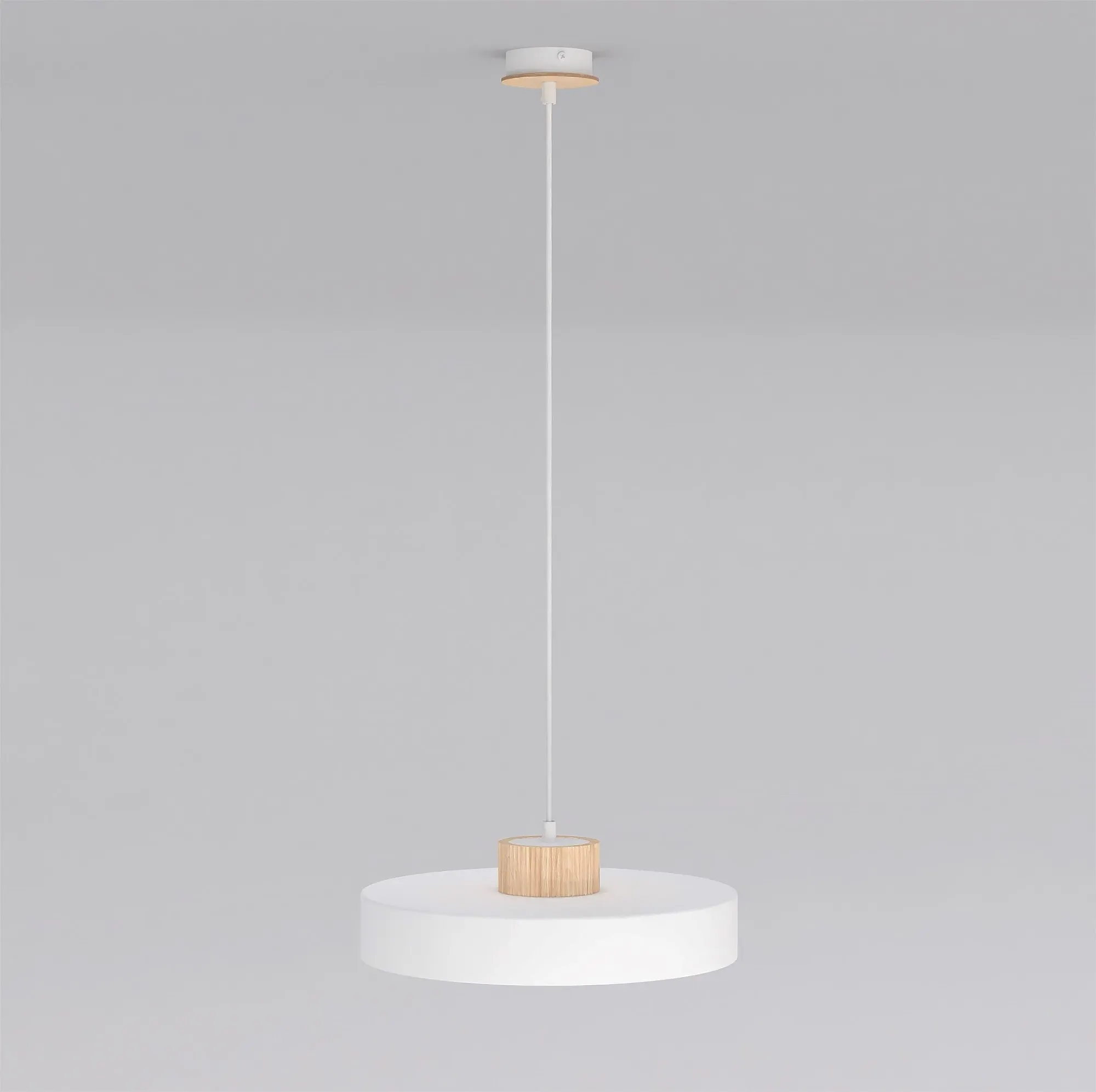 lampa wisząca, pendant, biała, drewniany detal, okrągła podstawa