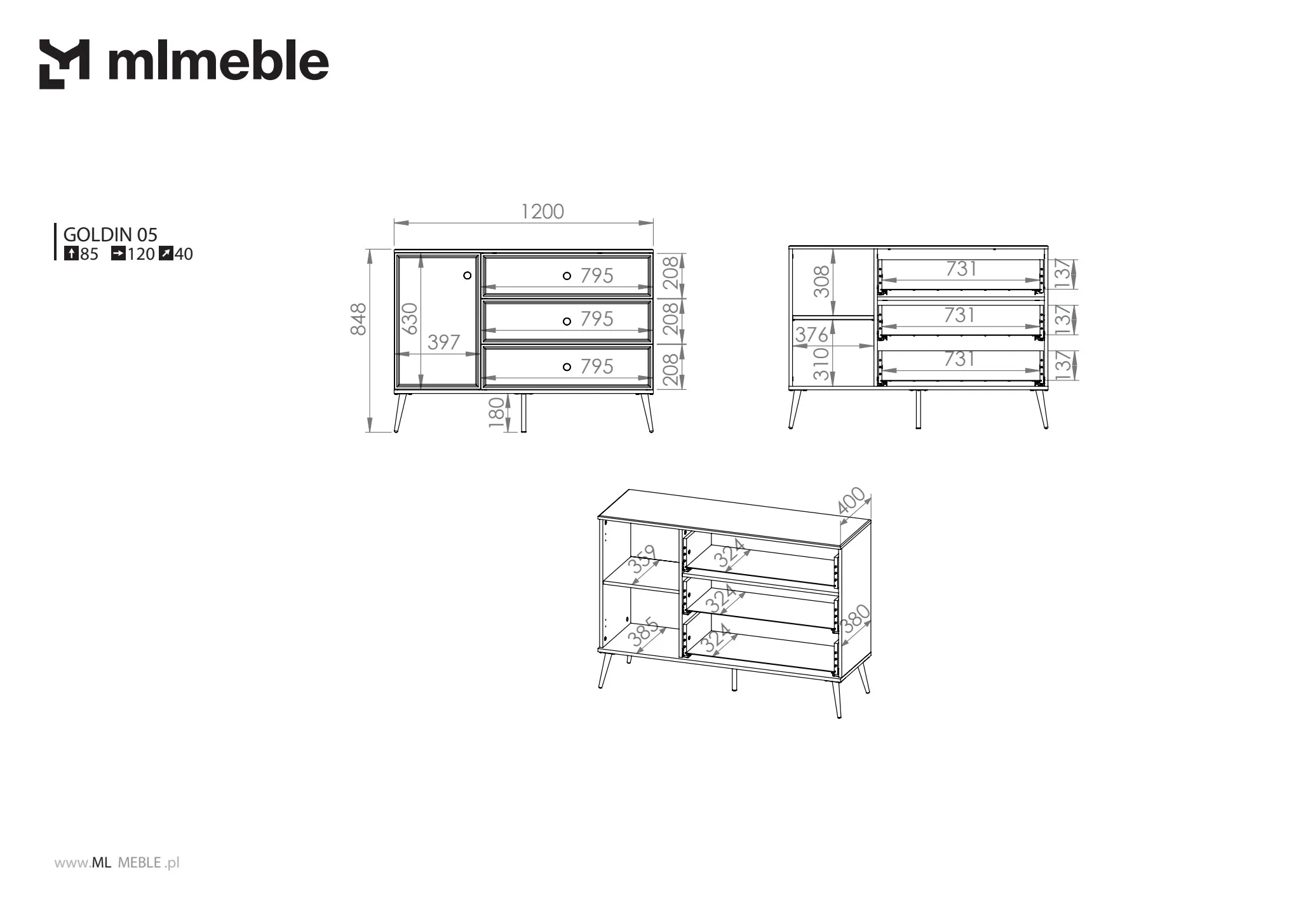 Komoda 1-drzwiowa z 3 szufladami GOLDIN 05 biały połysk na złotych nogach - 1GOLD05-001