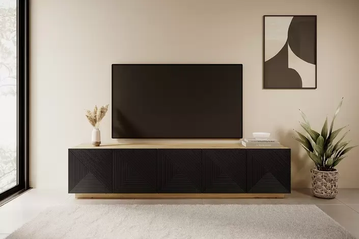 Szafka RTV ASHA 200 5D - czarny mat - dąb artisan - ryflowany front - cokół — zdjęcie 4