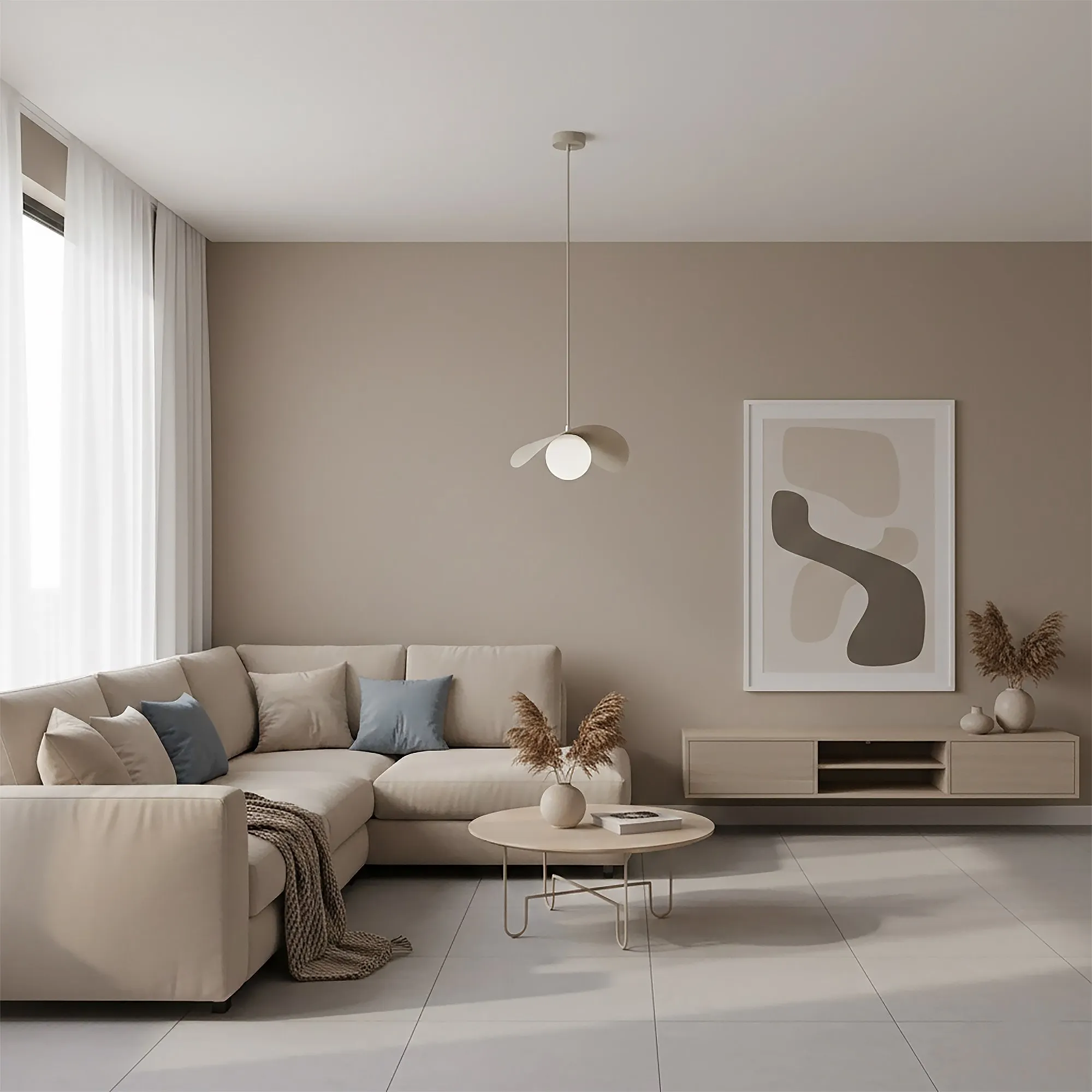 image salon, sofa, beż, stolik, dekoracyjne