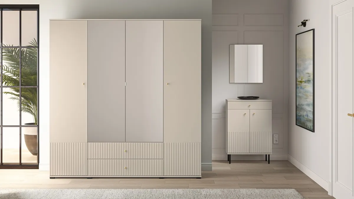 Szafa 4-drzwiowa z lustrem i szufladami SOPHIE 200x210 cashmere — zdjęcie 8