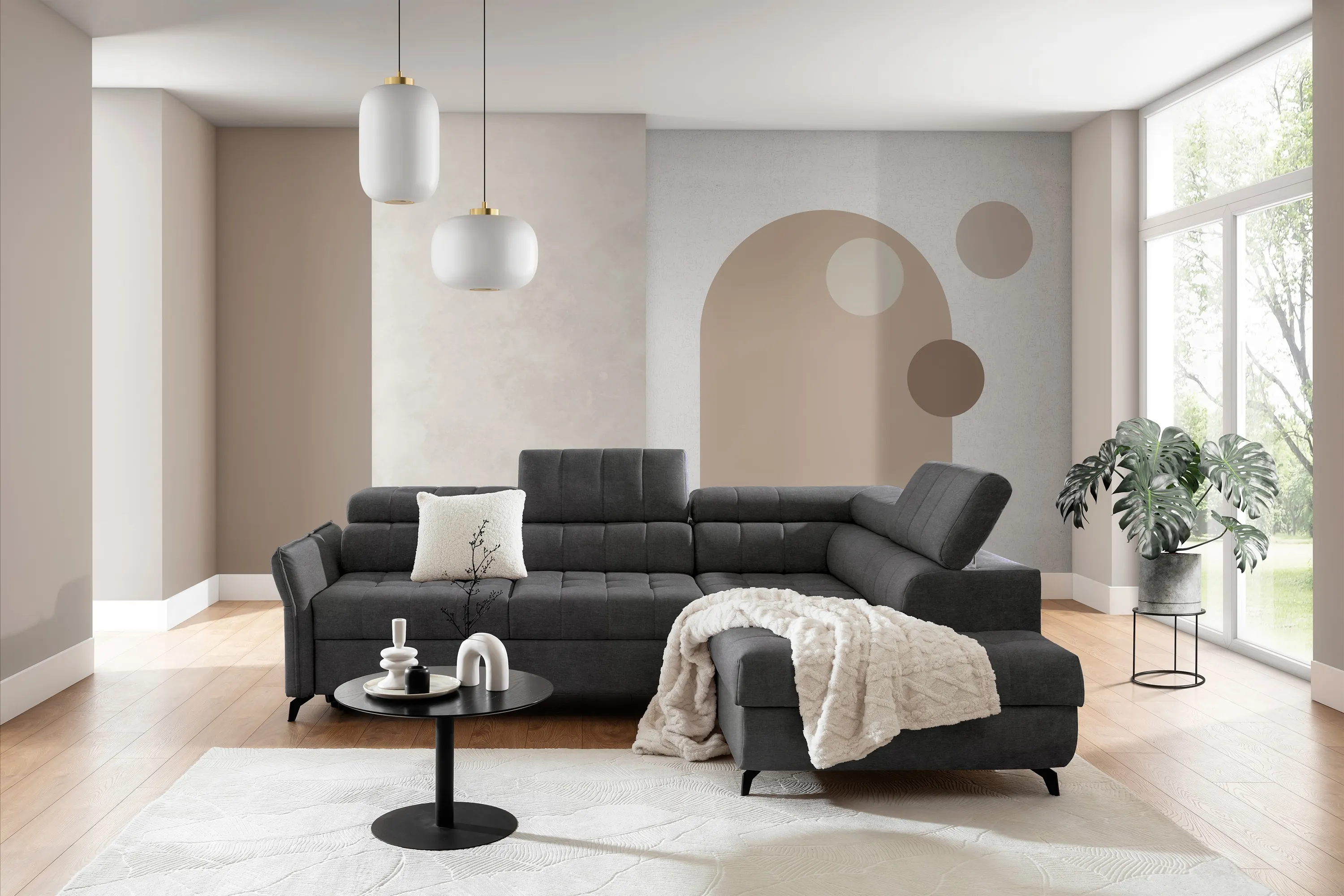 Narożnik prawostronny ELARIAS L regulowane zagłówki i podłokietniki tkanina Zetta 305 grafitowy - B_162441