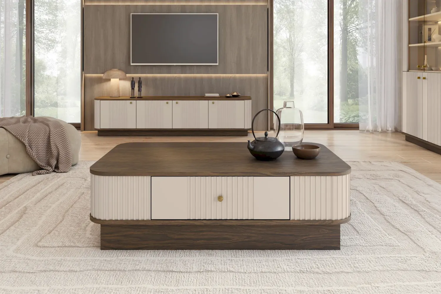 Stolik kawowy z szufladą VESPER ryflowany front - cashmere orzech złoty uchwyt cokół - B_169461