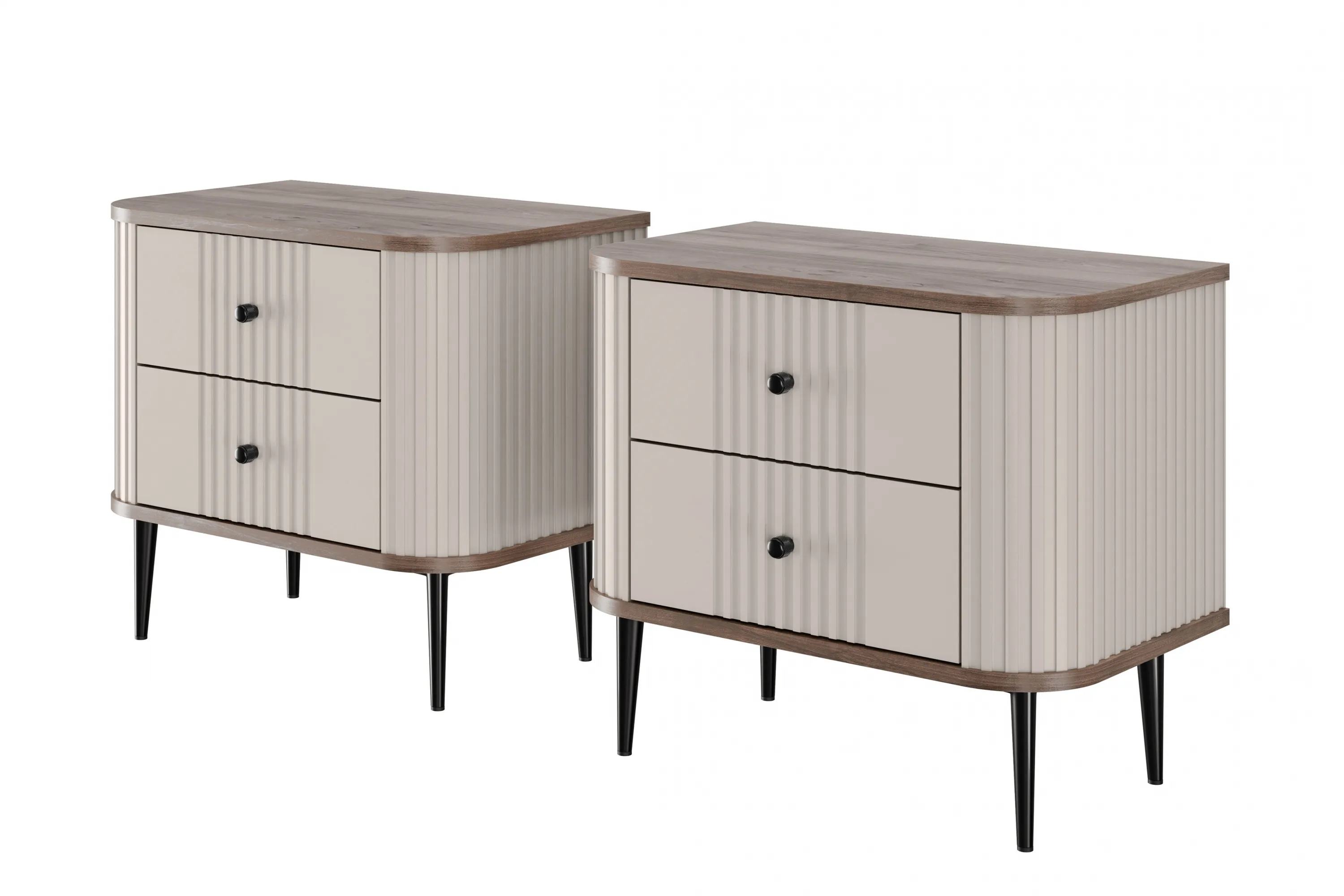 Szafka nocna z 2 szufladami VESPER 56 zestaw 2 sztuk ryflowany front cashmere orzech czarne nogi