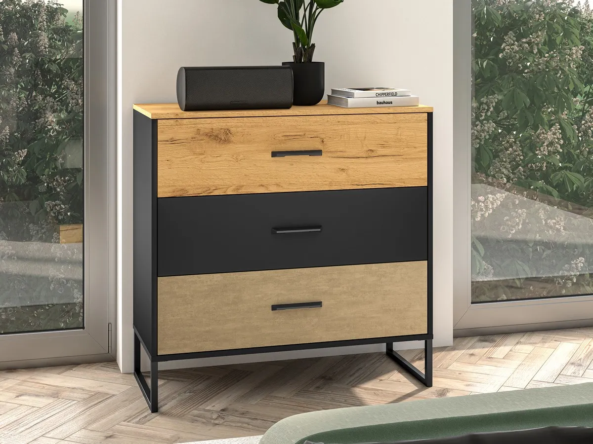 Komoda z 3 szufladą Colt 05 dąb craft złoty, czarny, stal premium