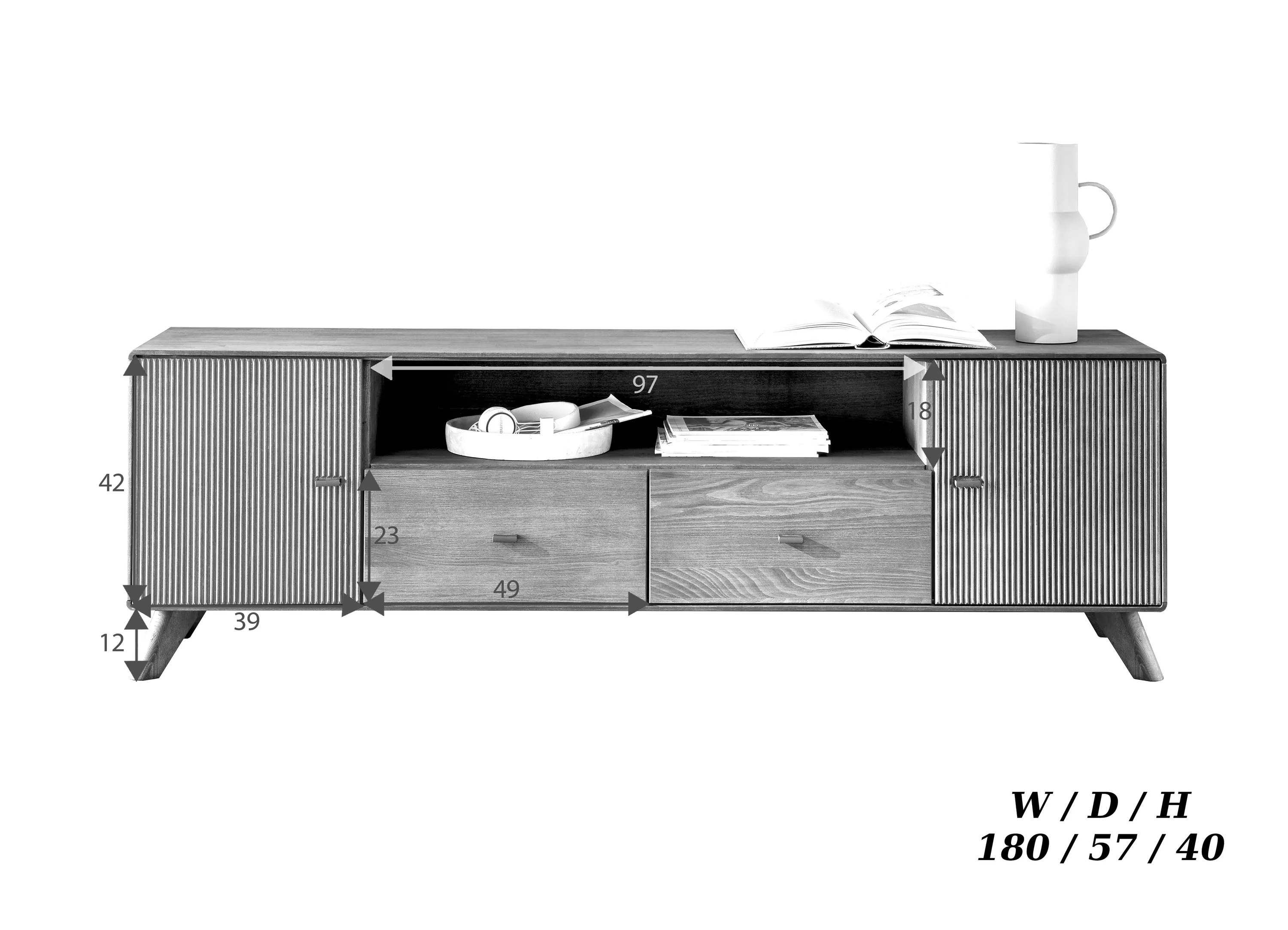 Szafka rtv bukowa ryflowana BLISS 180x57 z szufladami - GK_103624090102