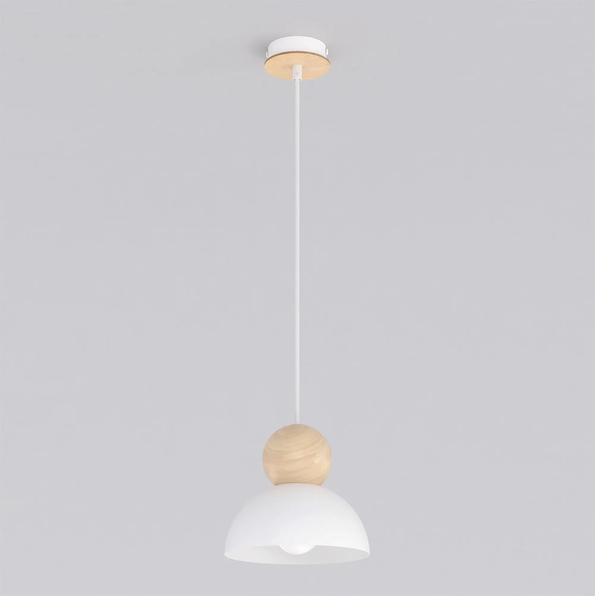 Lampa wisząca KAKI 1S z drewnianą kulą biały naturalny