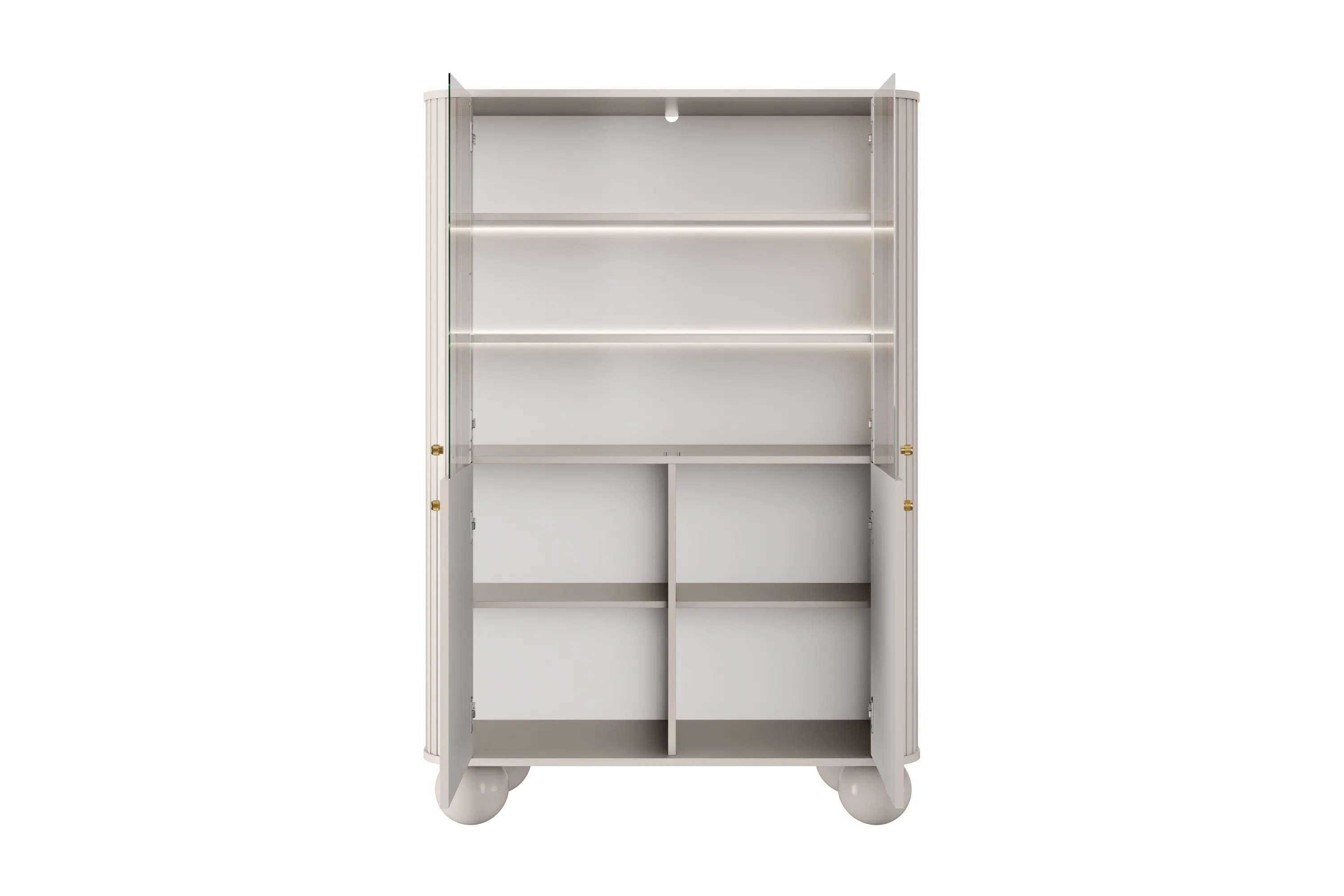 Witryna 4-drzwiowa z oświetleniem VESPER 103 ryflowany front cashmere złote uchwyty nogi kule - B_167221