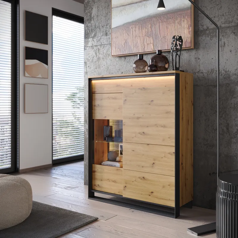 Niska witryna 2-drzwiowa LED Quant QA-06 dąb artisan/czarna - QA6DAC