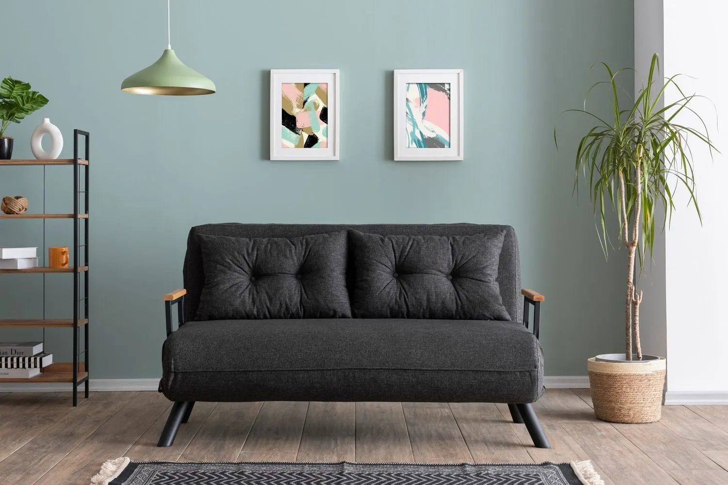 Sofa rozkładana 2-osobowa z lnianą tapicerką SANDO ciemnoszara — zdjęcie 6