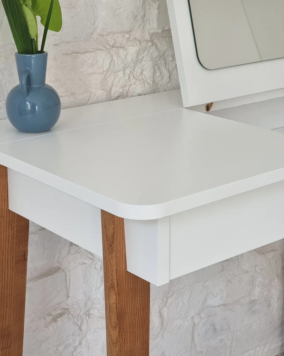 Toaletka z lustrem MEWISE 90x48cm biała kolor nóg dąb - RGBDTMEW11OAK