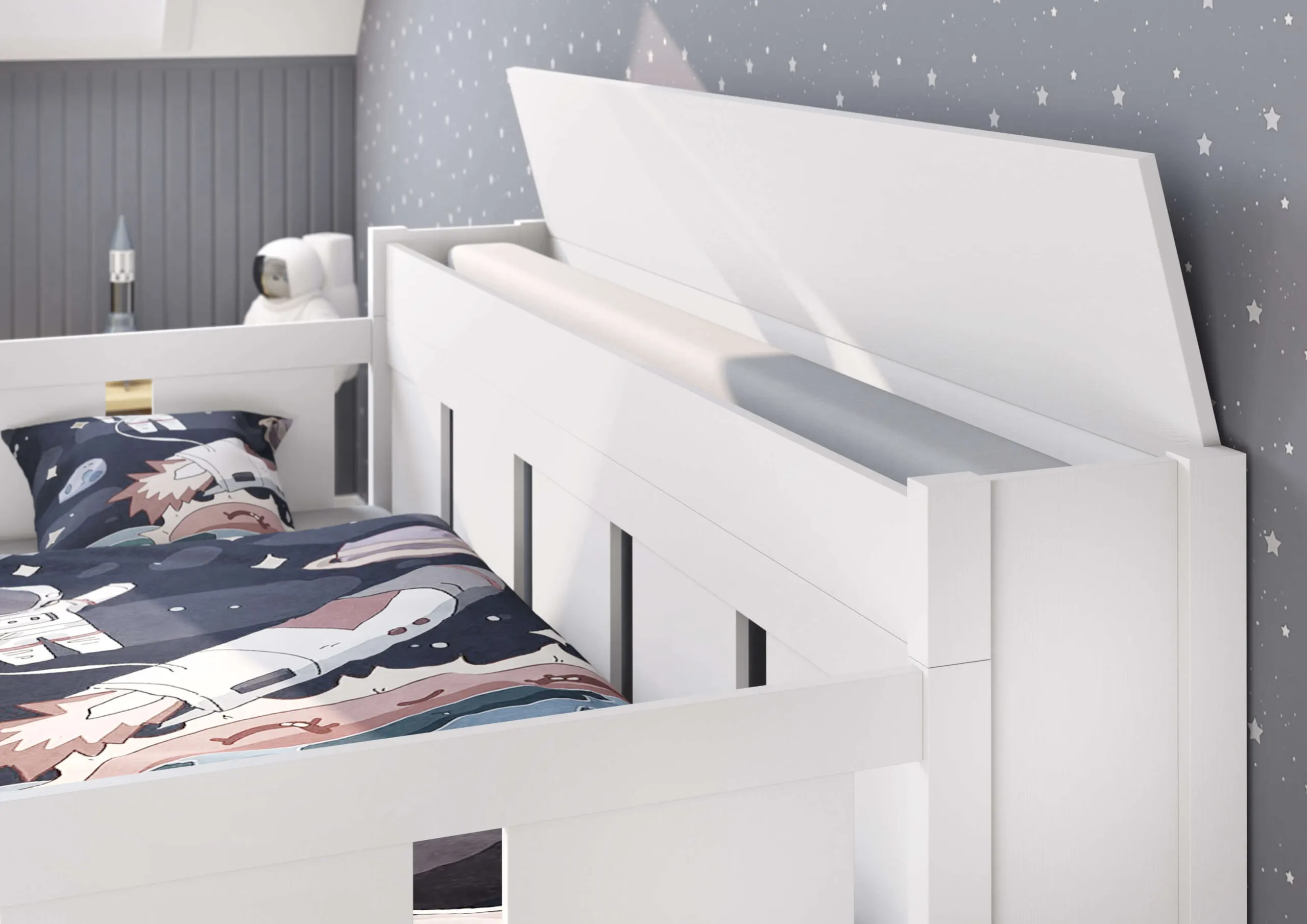 Łóżko drewniane rozkładane MOON 90x200 z oparciem białe - LMOONBIA90