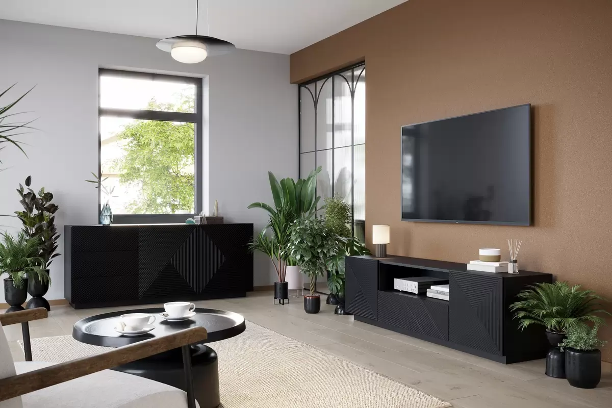 Szafka RTV ASHA 167 - czarny mat - ryflowany front - cokół — zdjęcie 6
