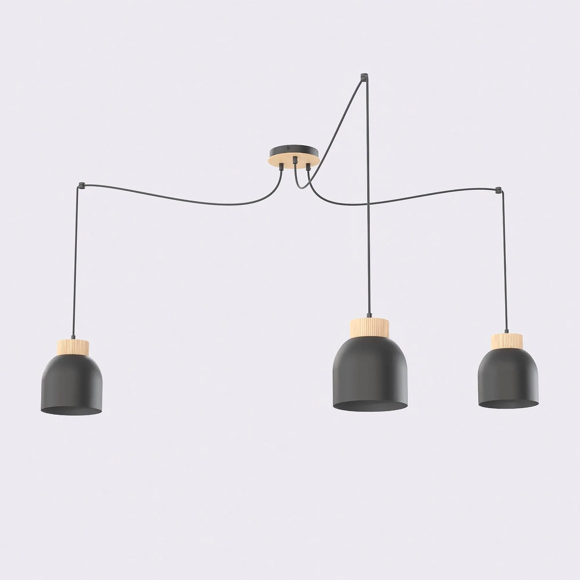 image lampa wisząca, trzy źródła światła, czarna oprawa, drewniane zawieszenie, metalowy żyrandol