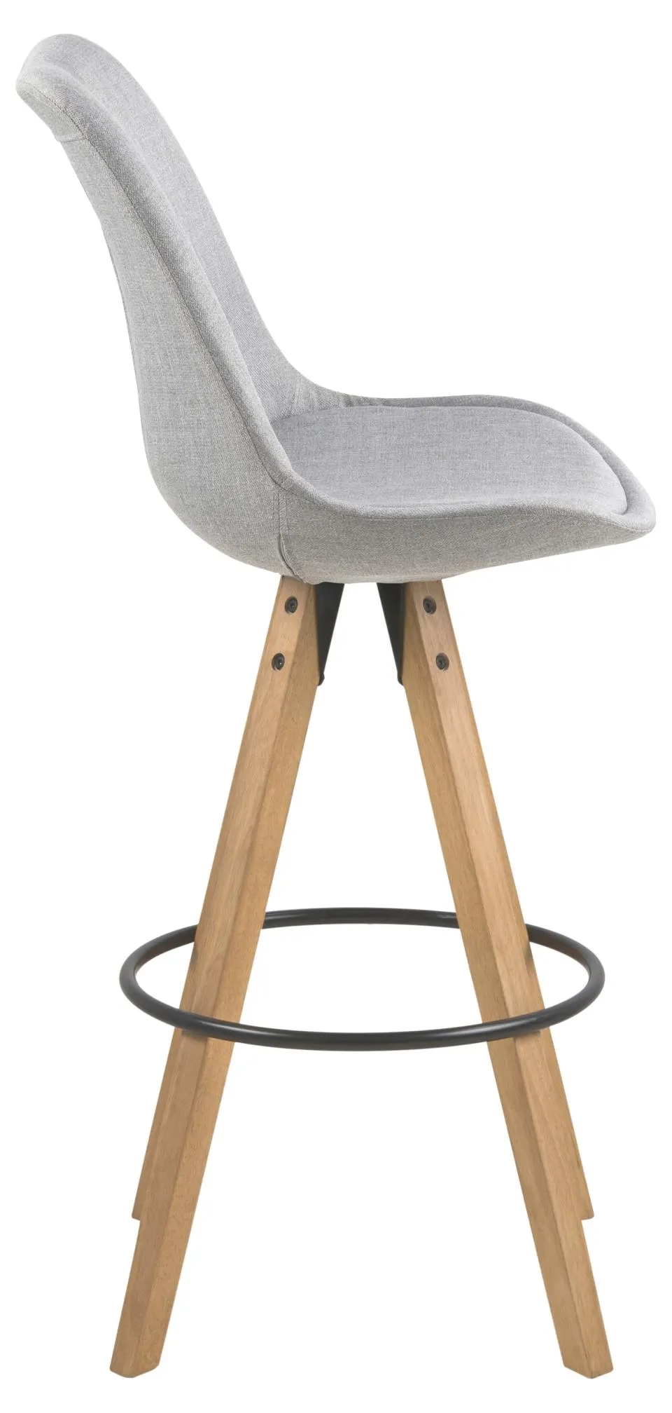 image krzeslo barowe, wysoka podstawa, drewno, szary materiał, podnózek metalowy ringowy