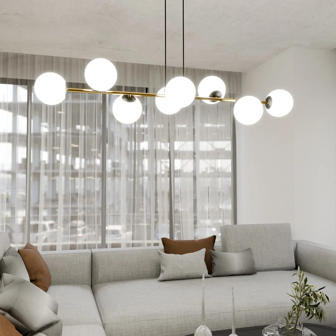 image lampa wisząca, kule świetlne, oprawa sufitowa, sofa narożnik, wnętrze jadalnia
