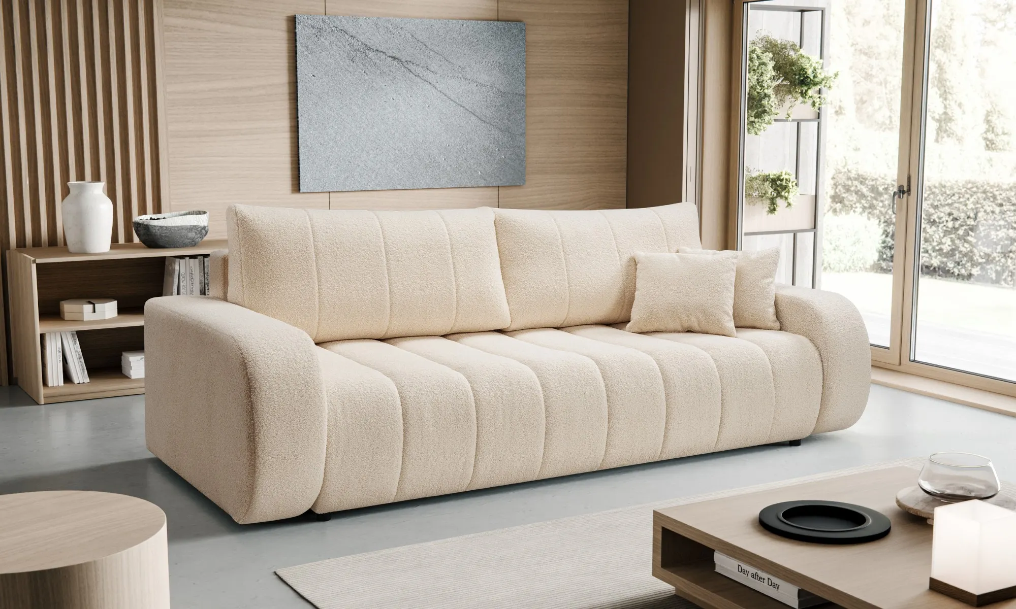 Sofa rozkładana z pojemnikiem BALOO LAMBI 248 cm pikowana beżowa — zdjęcie 9