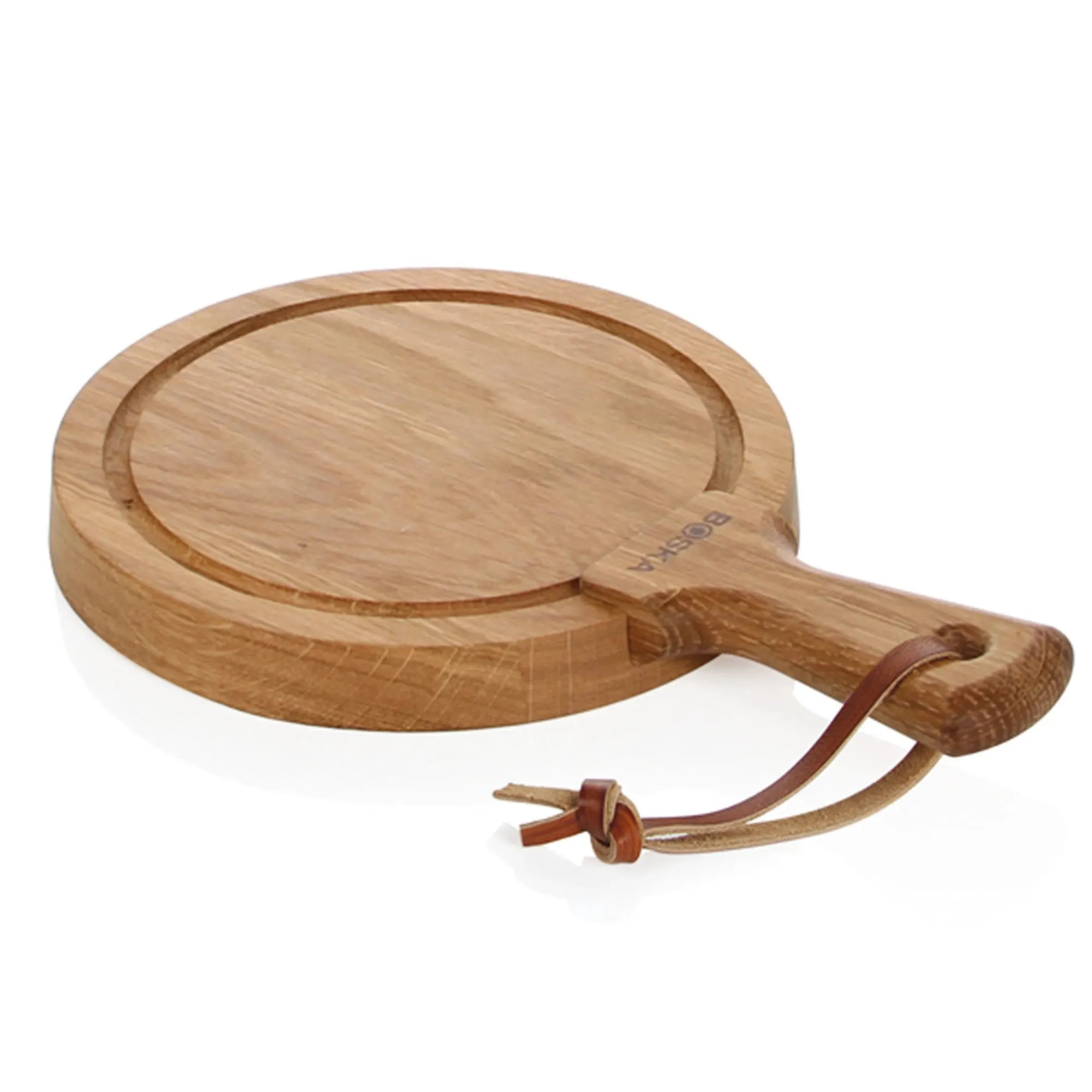 image drewniana taca, taca do serwowania, drewno dębowe, okrągła taca, uchwyt z paskiem