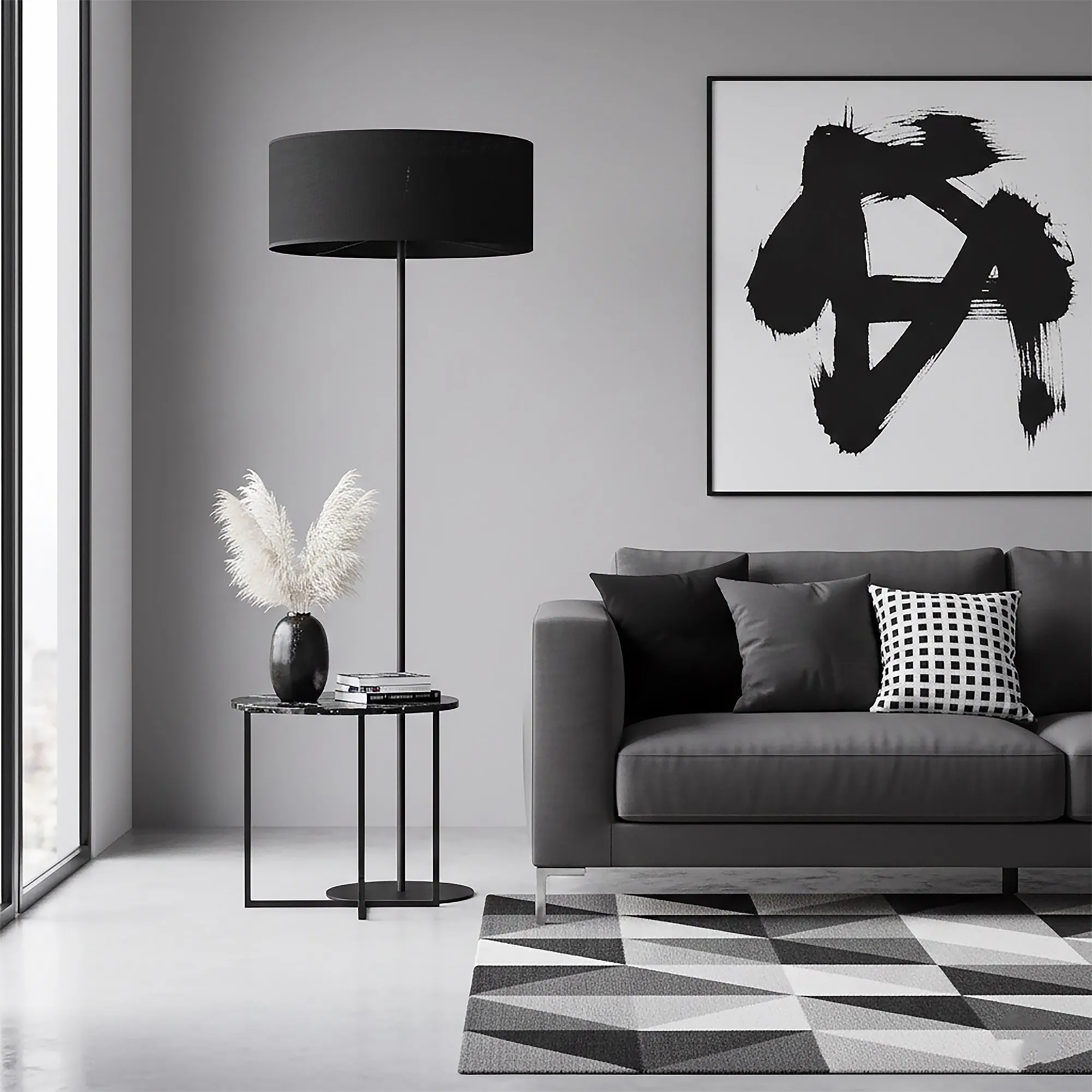 image sofa, living room, gray, cushions, abstract art