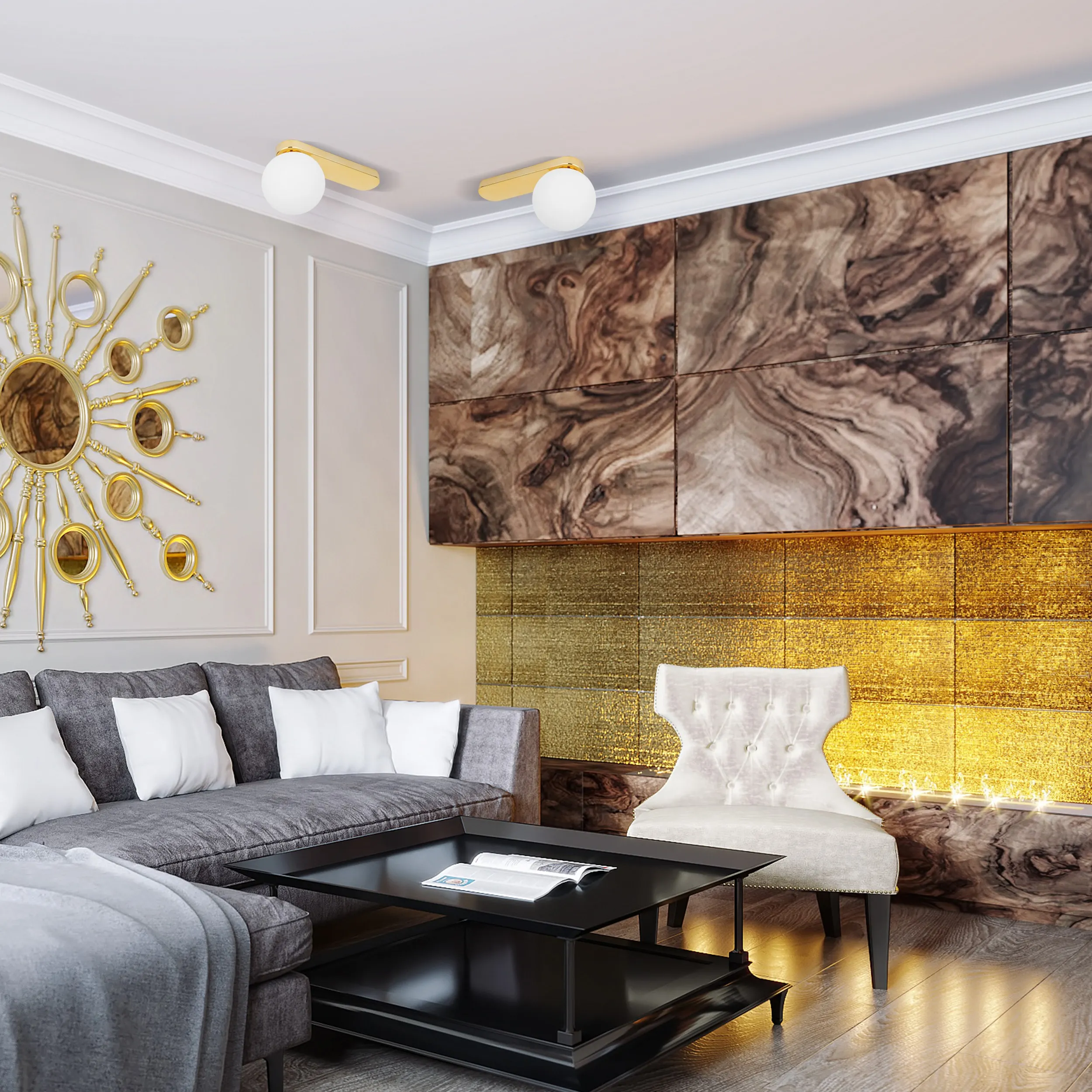 Lampa sufitowa BIANCA złota z białym okrągłym szklanym kloszem 27x15x12cm - TK_4698