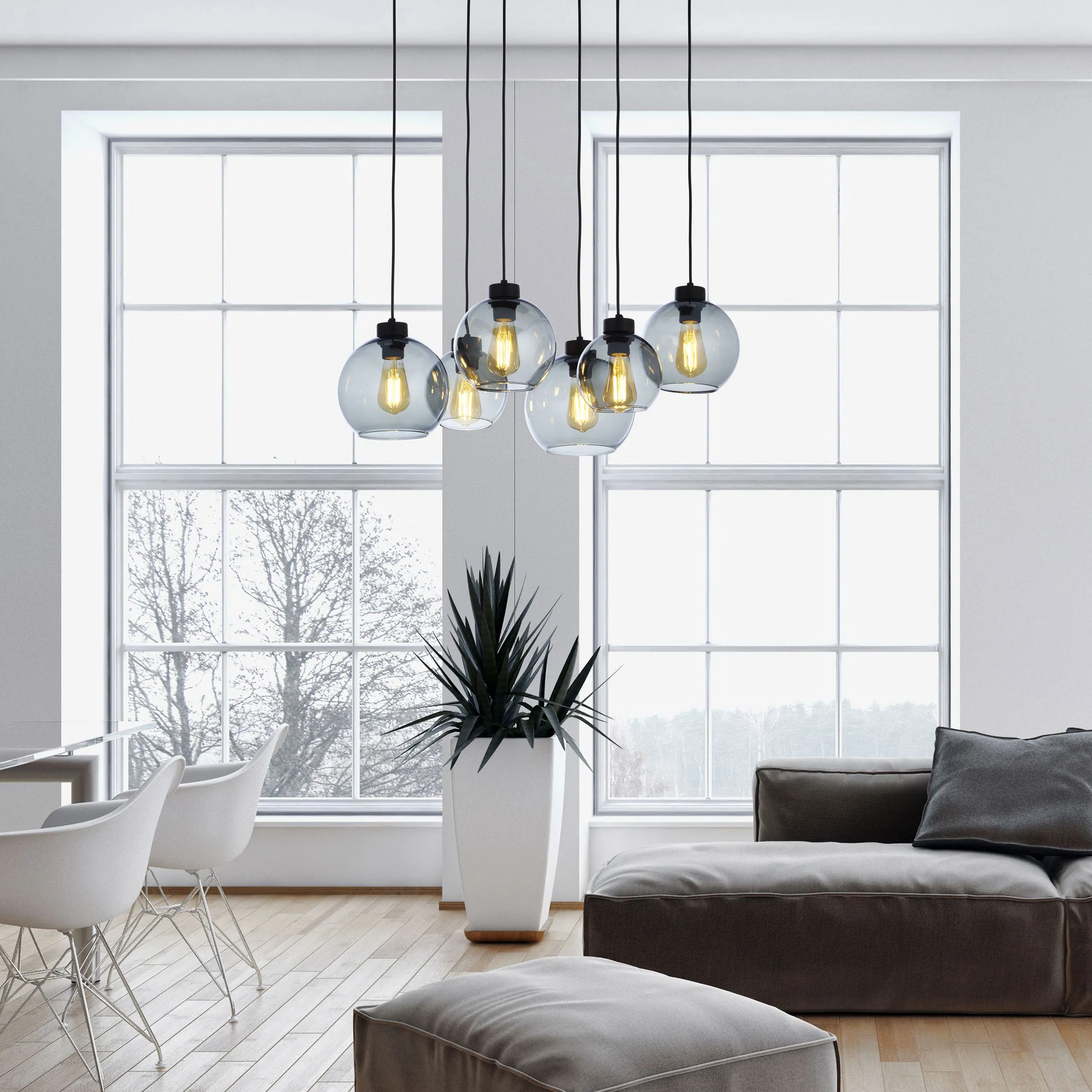 Lampa wisząca CUBUS czarna z szarymi okrągłymi szklanymi kloszami w dwóch rozmiarach 160x68x38cm - TK_2833