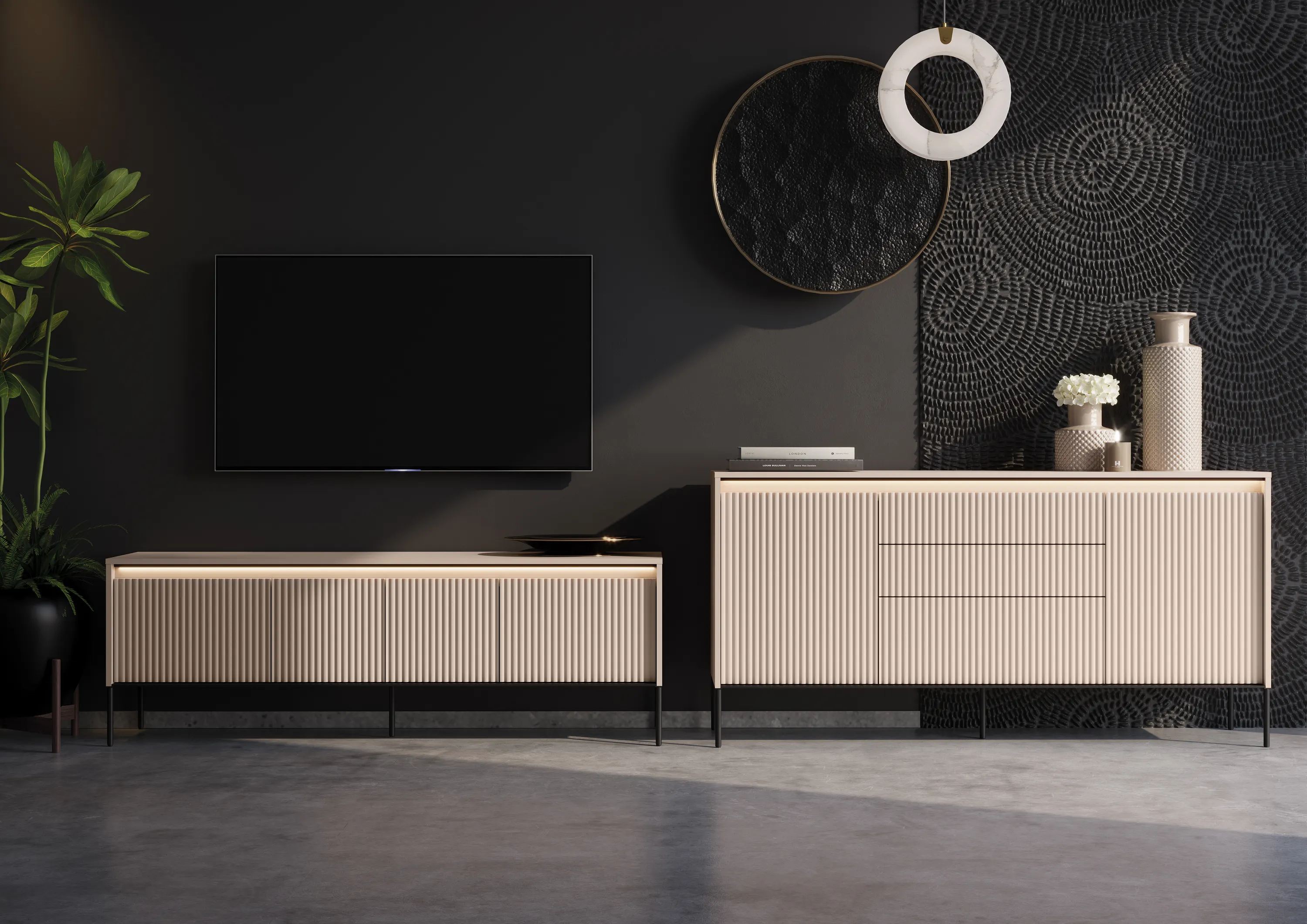 Szafka RTV z oświetleniem ryflowana TREND TR-05 4D 166cm - beż piaskowy/czarny - TR5BPC-V2