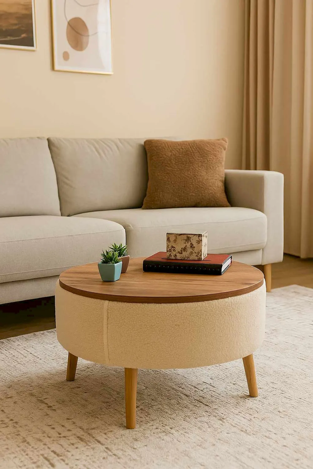 image stolik kawowy, drewniany blat, pufa/stolik, sofa skandynawska, ?