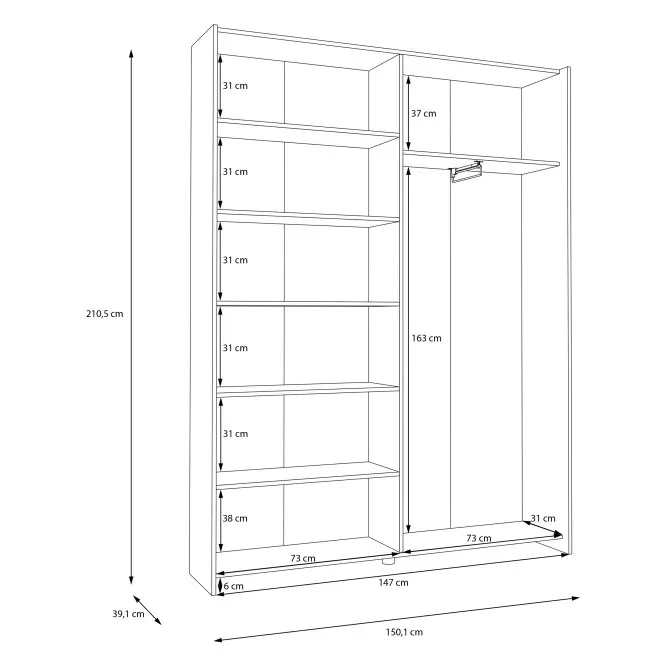 Szafa 2-drzwiowa HOME NOOK drążek i półki drzwi przesuwne 150cm biała - HMNS72231-120