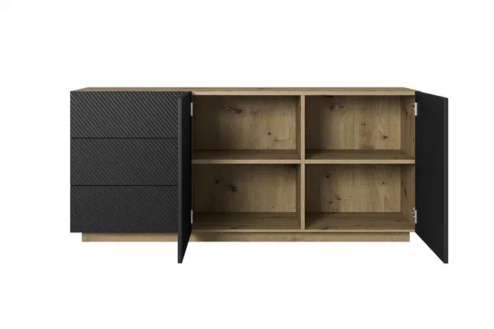 Komoda ASHA 167 z szufladami - czarny mat - dąb artisan - ryflowany front - cokół - B_149614
