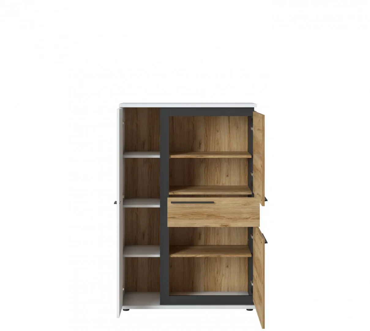 Komoda wysoka 3-drzwiowa z 1 szufladą SALINAS SAIK03 Biała, Dąb Catania, Czarny mat - 6000000010903