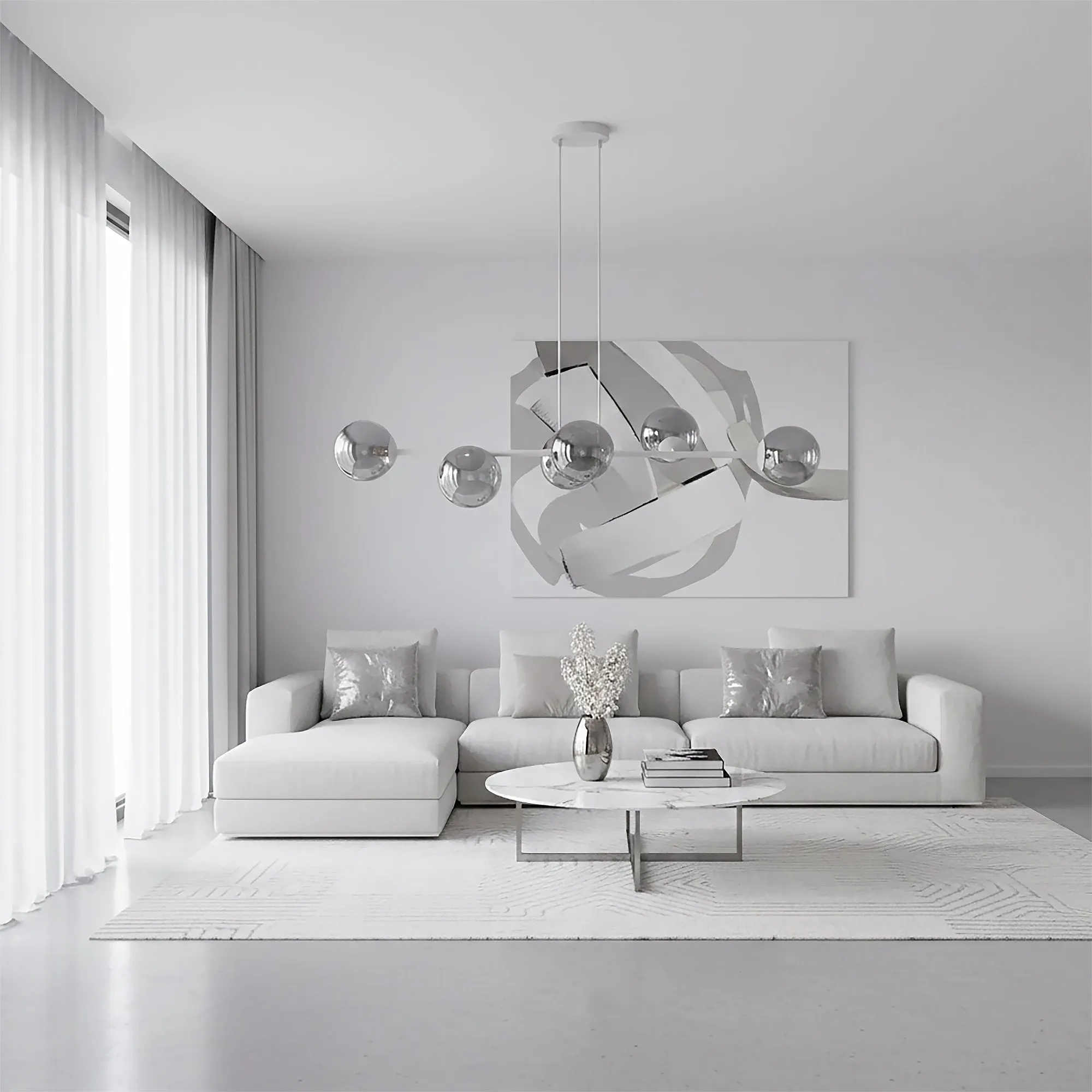 image sofa salonowy, biały narożnik, poduszki dekoracyjne, stolik kawowy, obraź abstrakcyjna