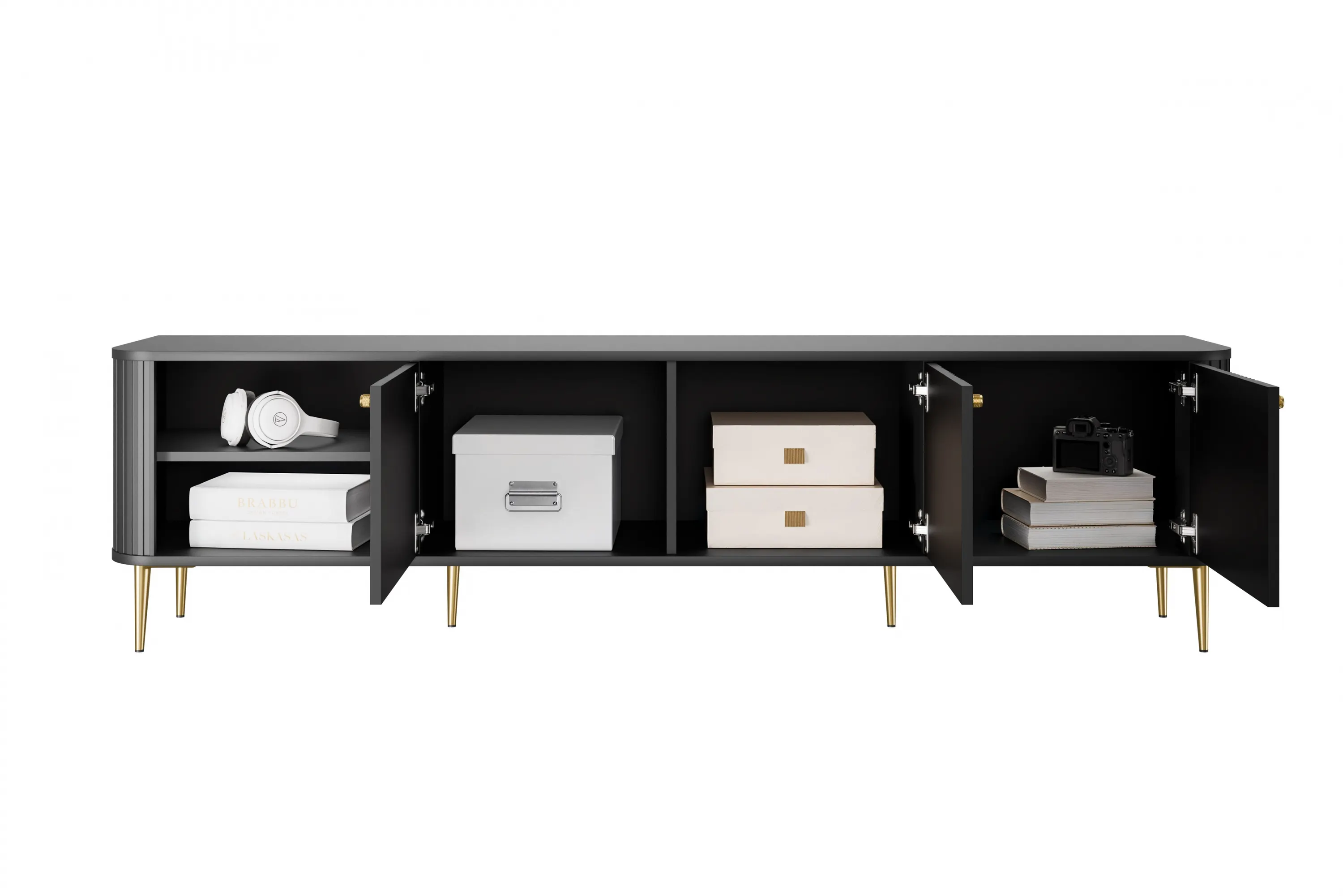 Szafka RTV 3-drzwiowa VESPER RTV 187 ryflowany front czarna złote nogi - B_163688