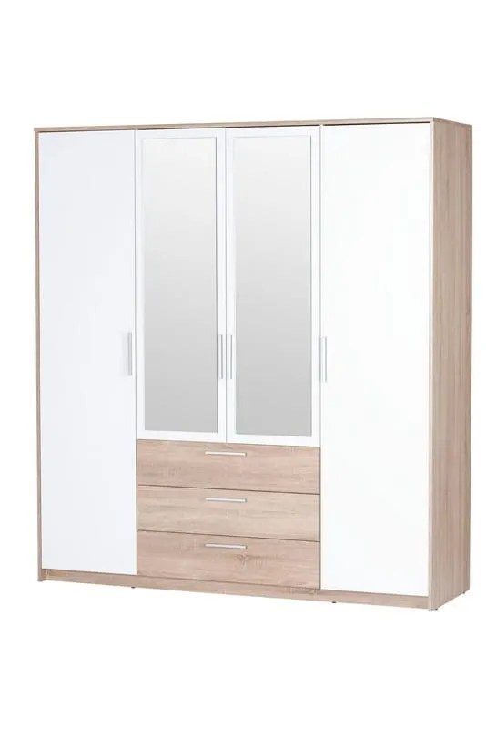 Szafa MILO 2 4-drzwiowa z szufladami i lustrem dąb sonoma biała 206x187x62cm Szafa MILO 2 4-drzwiowa z szufladami i lustrem dąb sonoma biała 206x187x62cm
