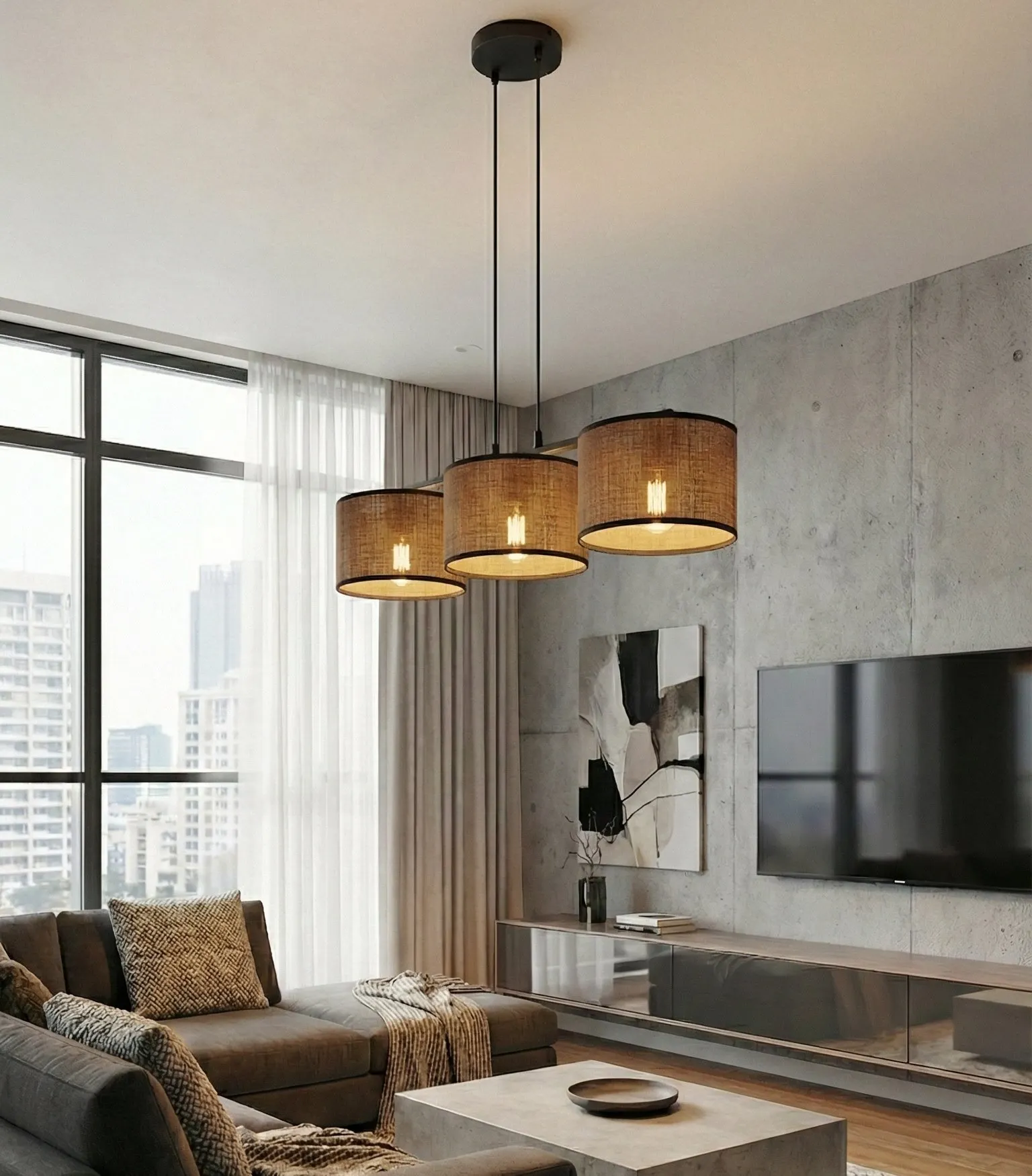 lampa wisząca, cztery abażury, drewniane/wikolina, salon, konsola/telewizor