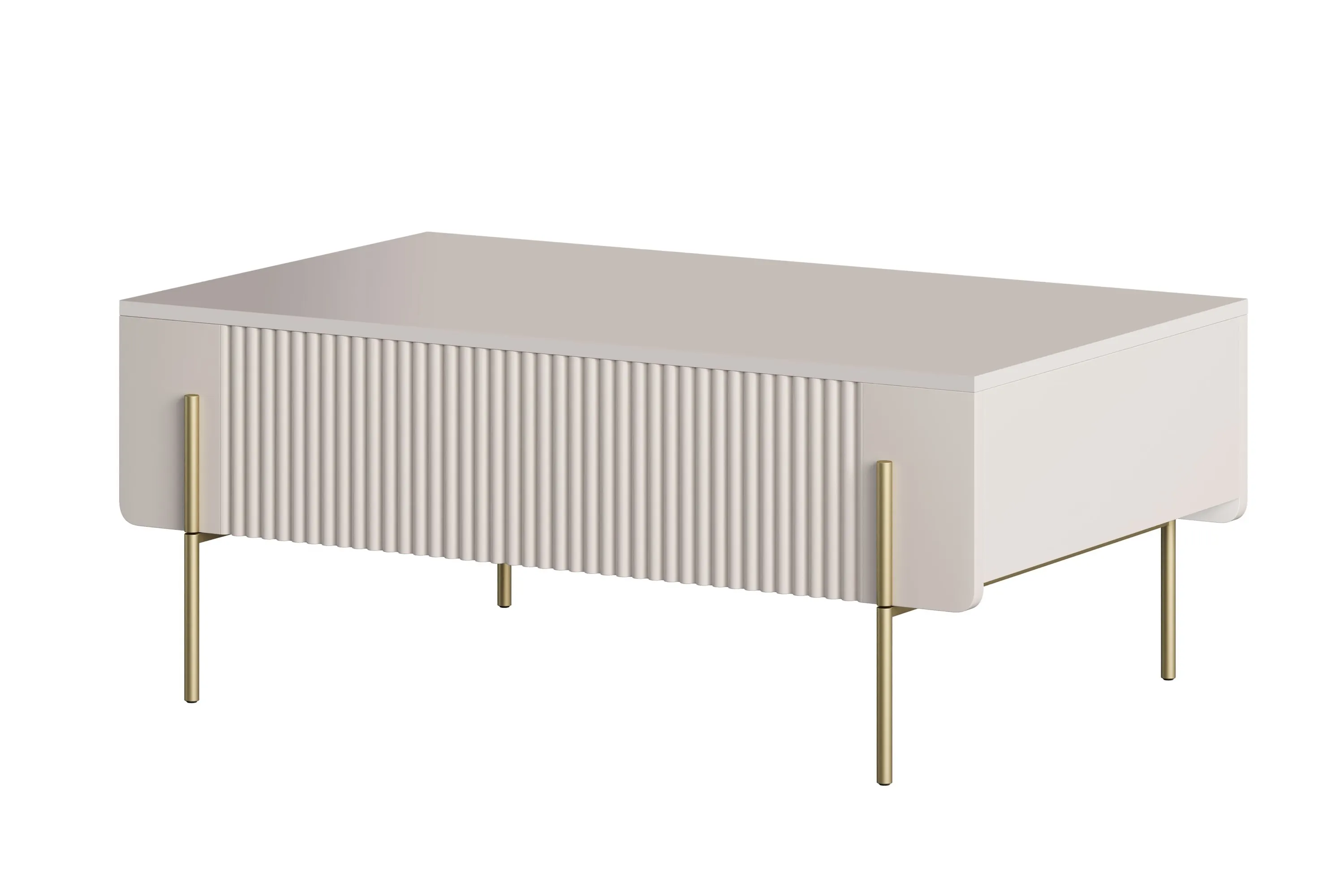 Stolik kawowy z 2 szufladami MALMI ryflowany front 60x100cm - kaszmirowy - złoty