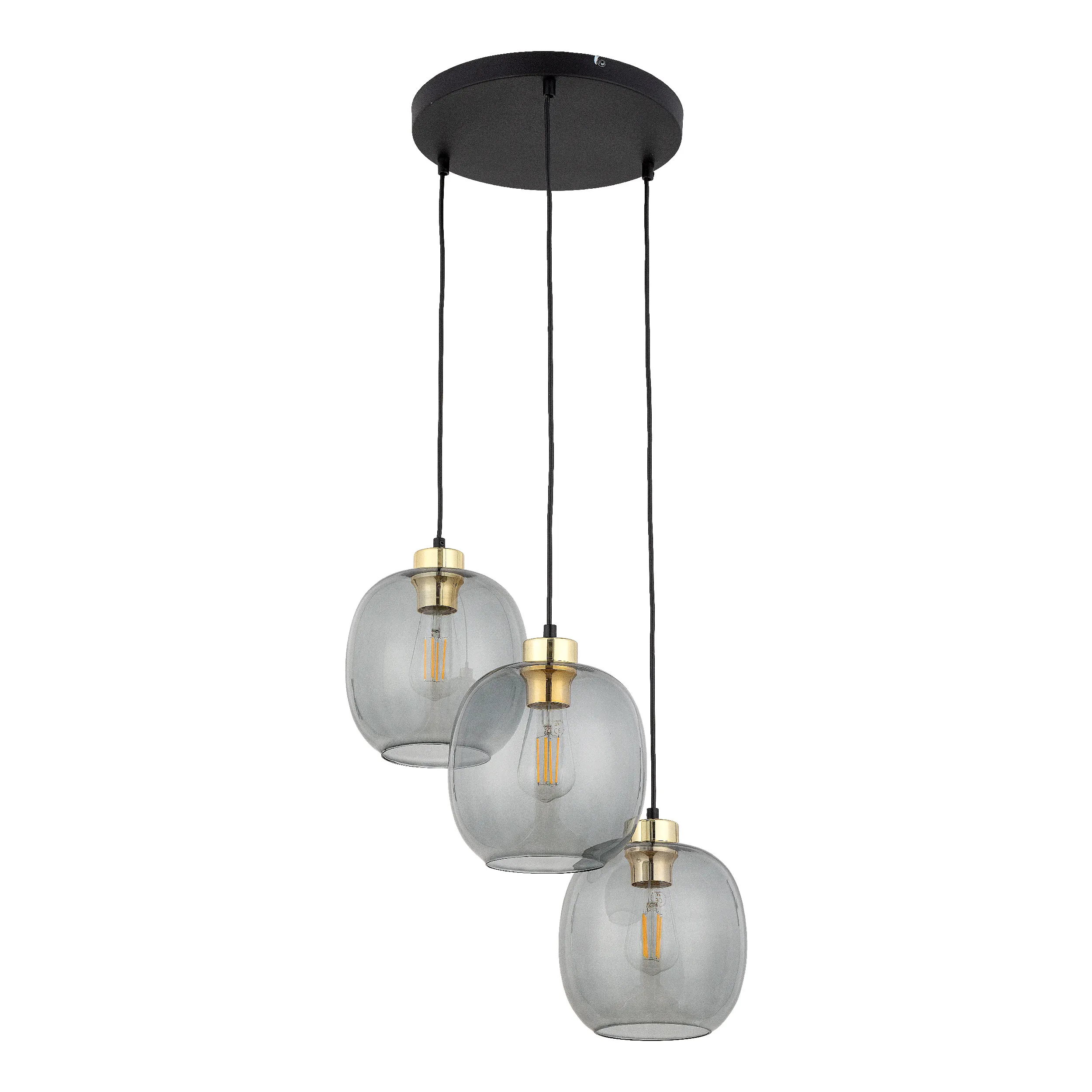 Lampa wisząca OMEGA czarna ze złotymi elementami szare przyciemniane okrągłe szklane klosze 100x52cm