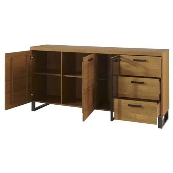 Komoda 3-drzwiowa z szufladami PRATTO 47 drewniana z przeszkleniem dąb rustical czarny 180x90x42cm - TH-100-1431