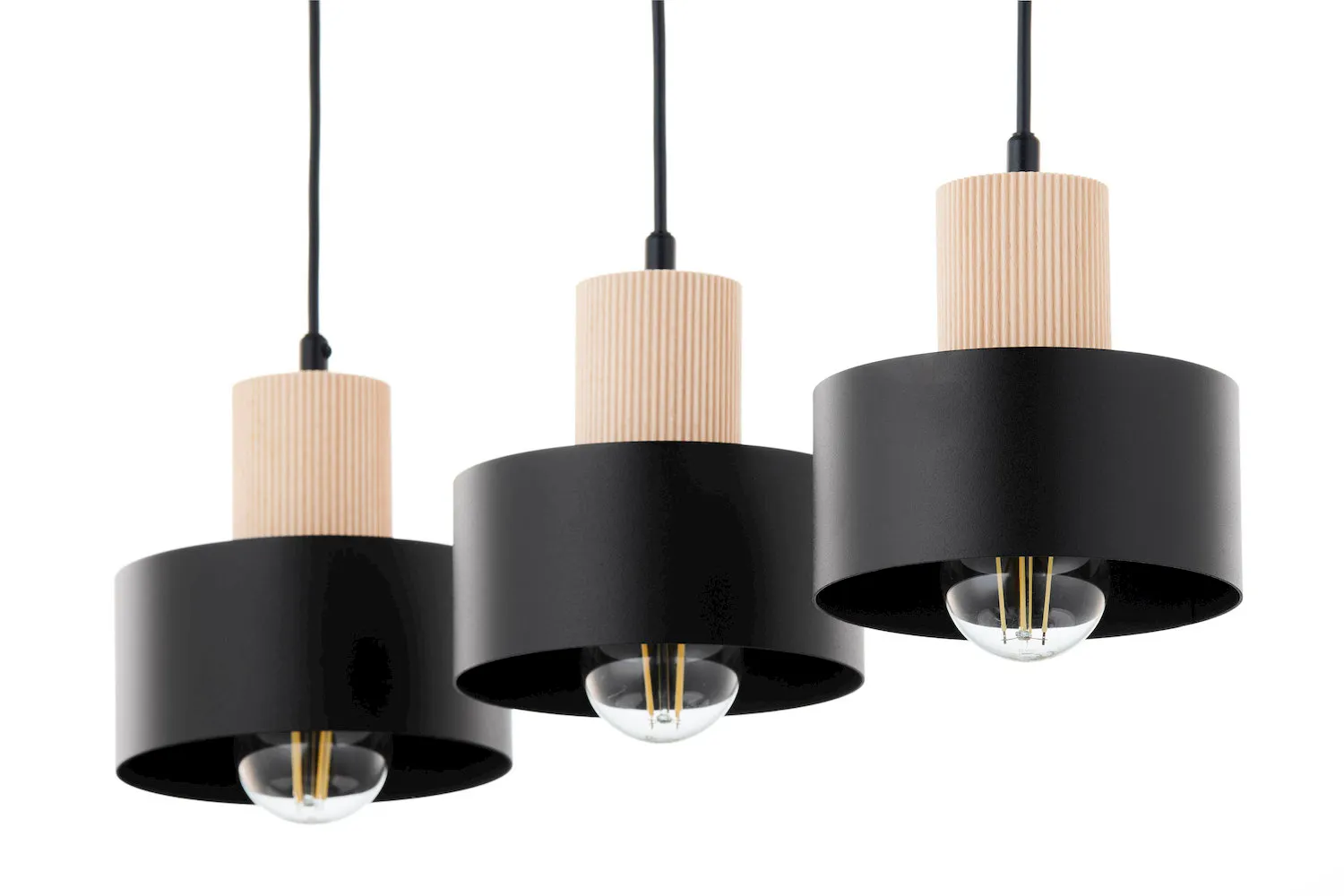 lampa wisząca, pendant light, czarna obudowa, drewno, żarówka spektakl