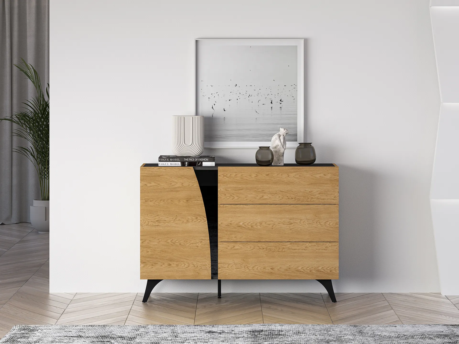 Komoda 1-drzwiowa z 3 szufladami TOSCANIA 05 dąb baltic dune jesion prestige czarny - 1TOSC05-001