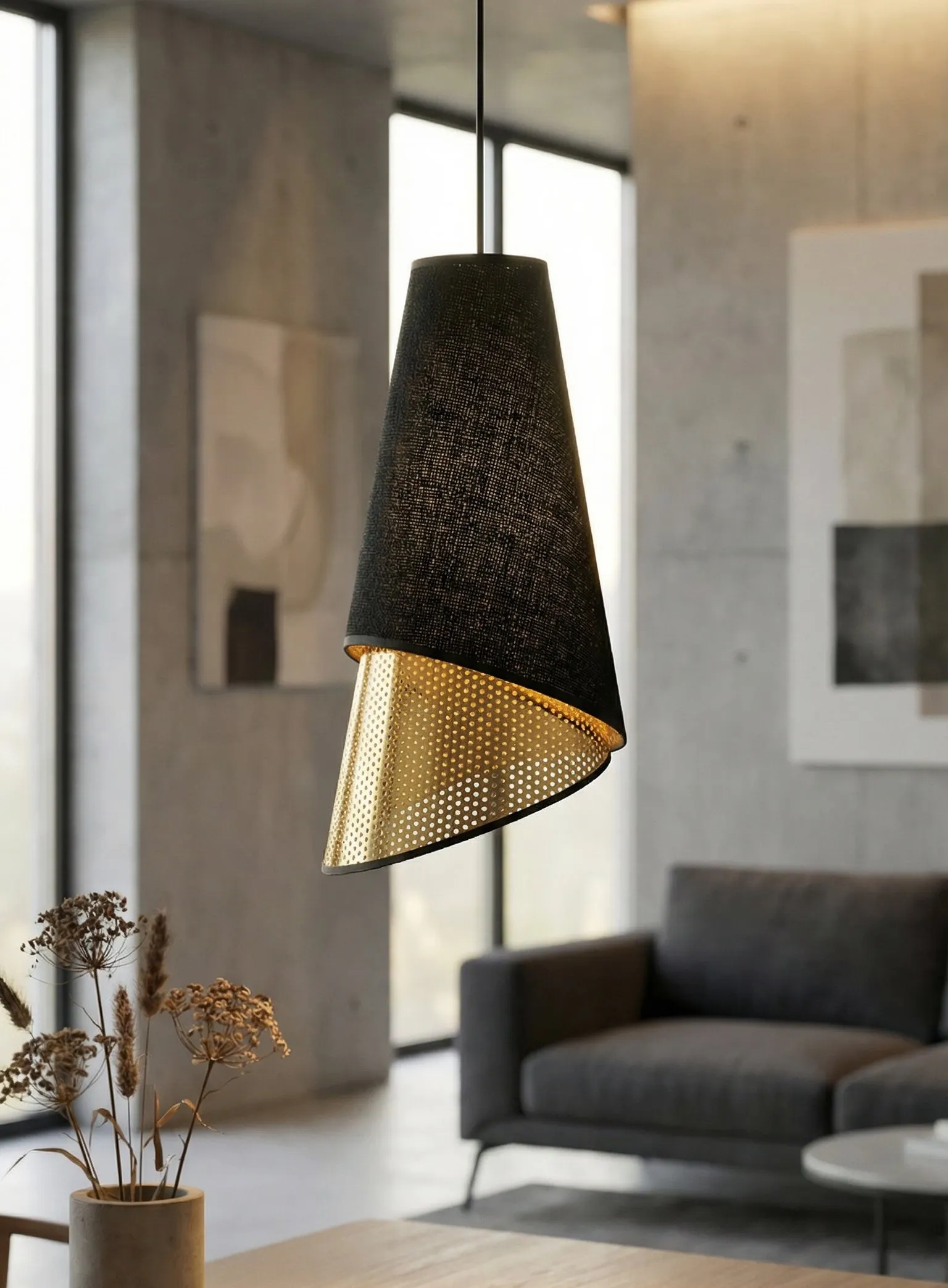 image lampa wisząca, lampa, industrialny design, czarna-lampa, perforowana lampka