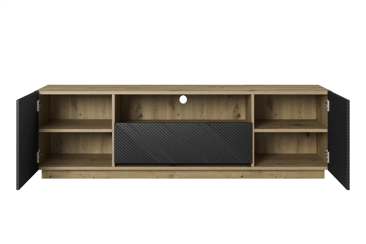 Szafka RTV ASHA 167 czarny mat - dąb artisan - ryflowany front - cokół - B_149623