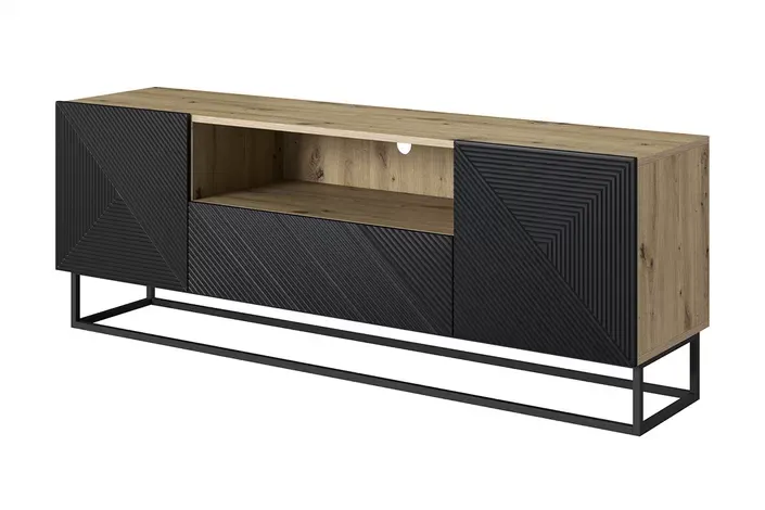 Szafka RTV ASHA 167 - czarny mat - dąb artisan - ryflowany front - czarny stelaż