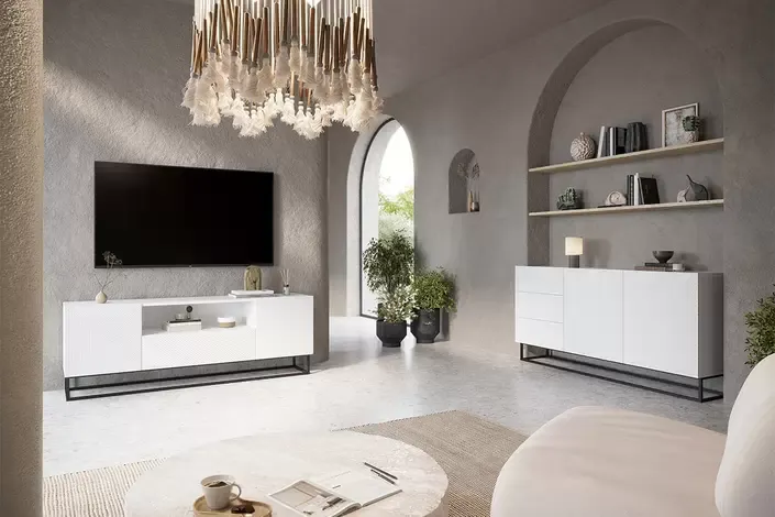 Komoda 2-drzwiowa z 3 szufladami ASHA 167 z szufladami - biały mat - czarny stelaż - ryflowany front - B_57057