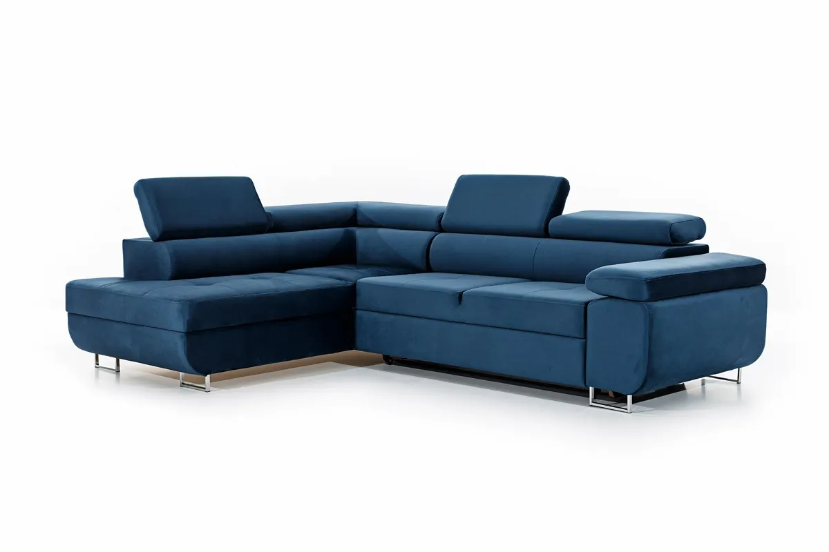 Narożnik lewostronny ANNABELLE L regulowane zagłówki srebrne nogi Monolith 77 granatowy Kanapa, Meble