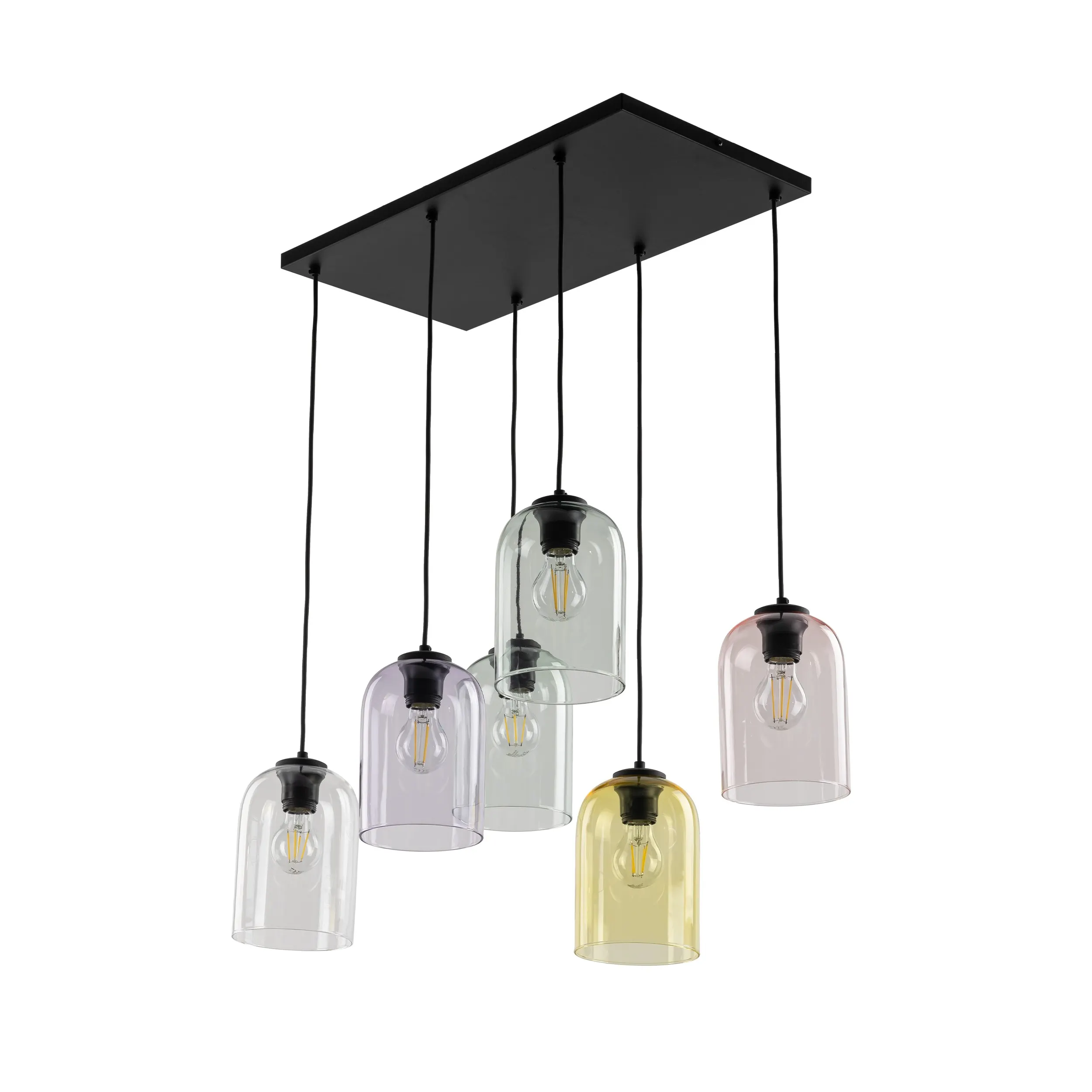 Lampa wisząca MOLLY czarna z różnokolorowymi transparentnymi fioletowymi różowymi żółtymi zielonymi szklanymi kloszami 150x58x38cm