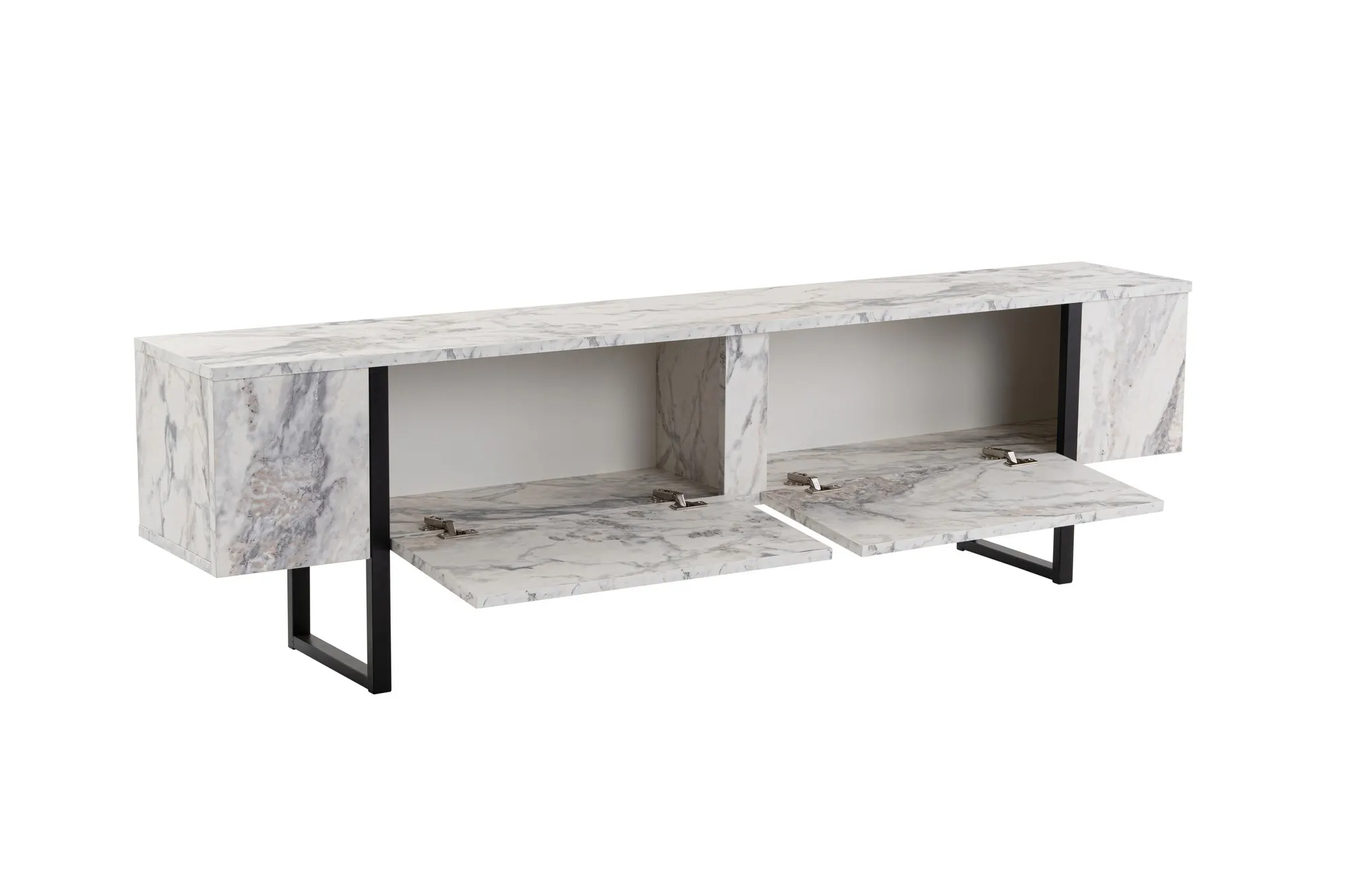 Szafka RTV 2-drzwiowa SERENITY 180 cm biała efekt marmuru/czarne nogi - ASI_241NRD1306