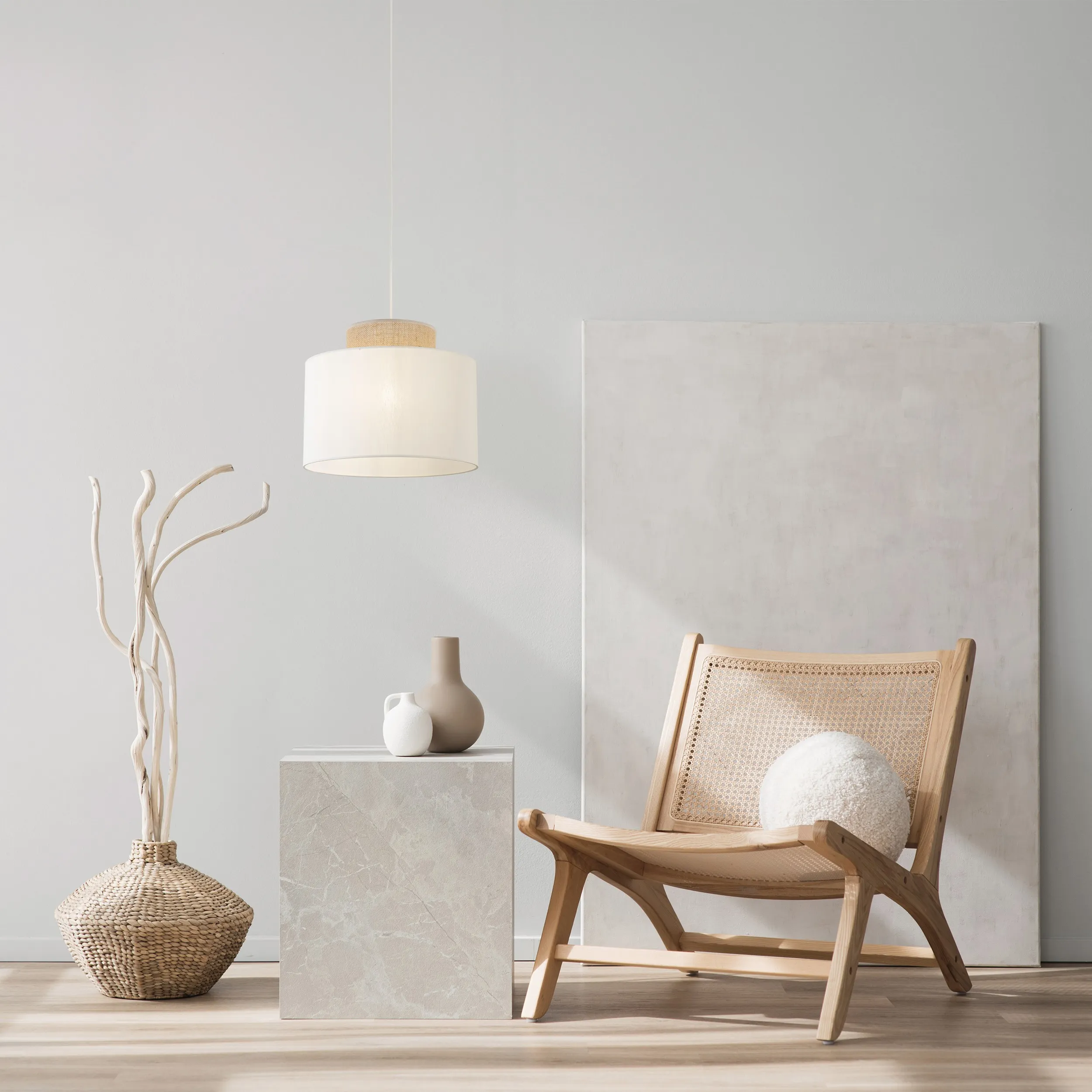 Lampa wisząca DUO biała z brązowym elementem z tkaniny 170x38cm - TK_1856