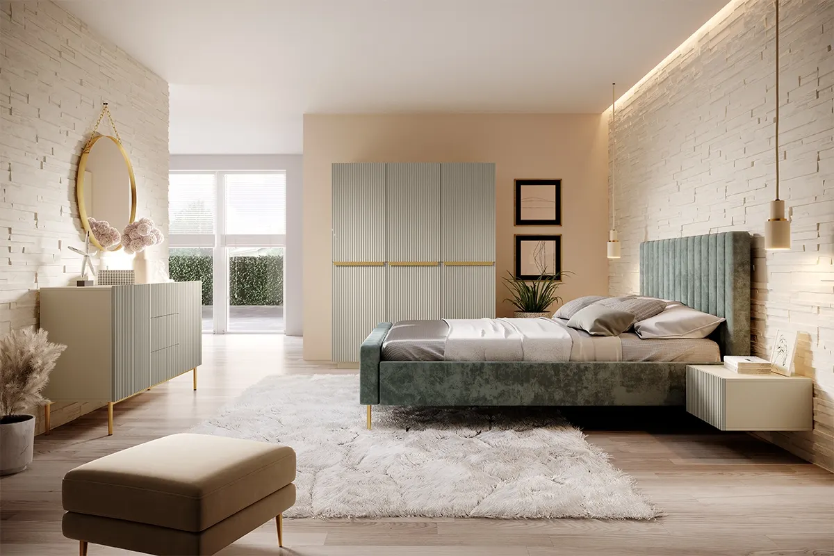 Szafa 3-drzwiowa NICOLE 150 z półkami i drążkiem - kremowa - złote uchwyty - cokół - B_148402